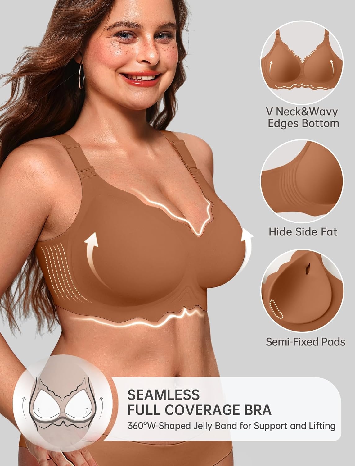 image:imageOEAK Women Jelly Bras No Underwire Scalloped Push Up Buttery Soft Tshirt Bra Seamless Full Coverage Convertible Everyday BraCoffee