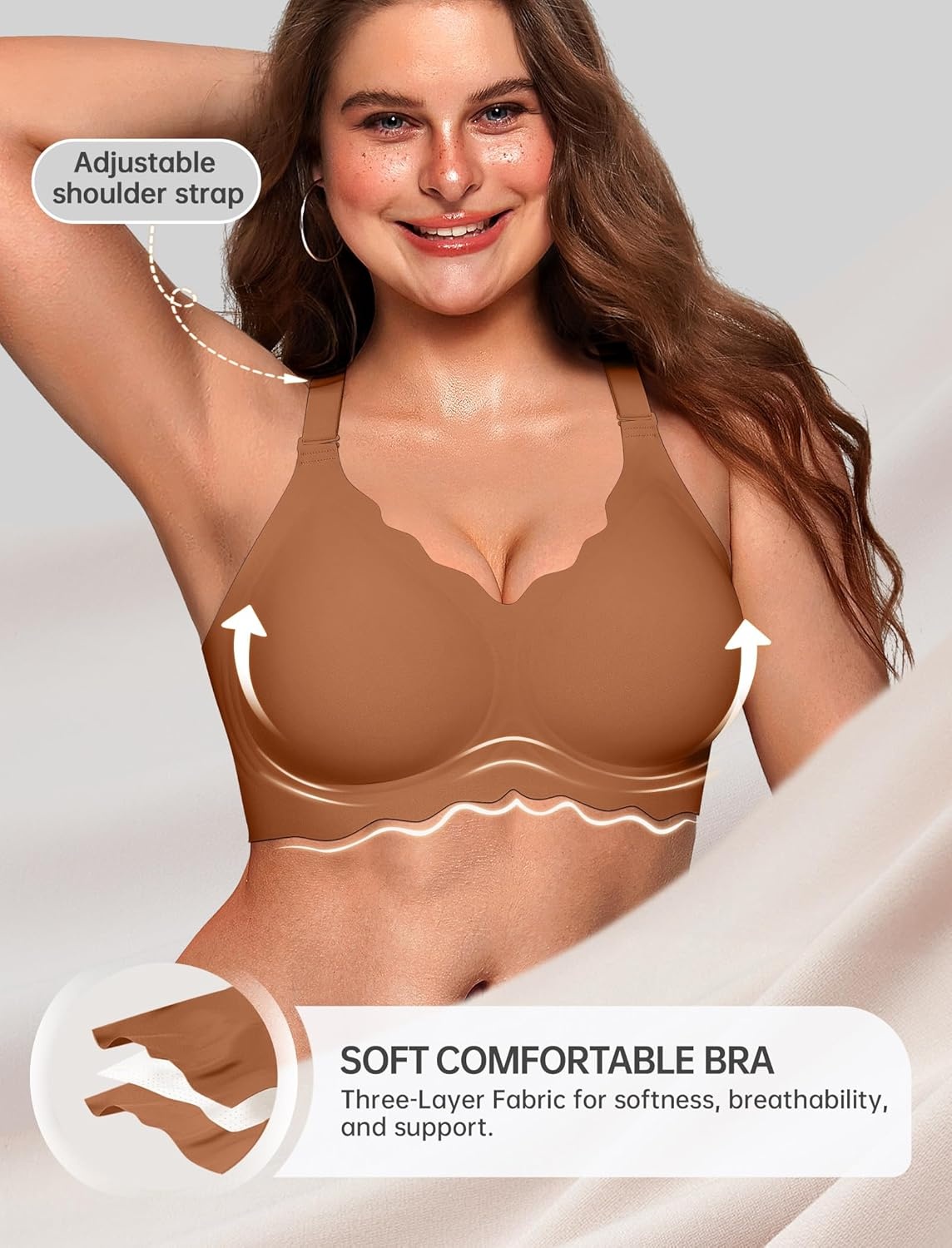 image:imageOEAK Women Jelly Bras No Underwire Scalloped Push Up Buttery Soft Tshirt Bra Seamless Full Coverage Convertible Everyday BraCoffee