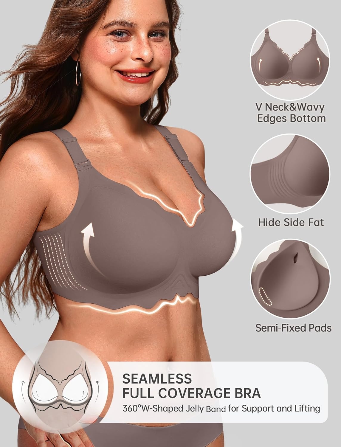 image:imageOEAK Women Jelly Bras No Underwire Scalloped Push Up Buttery Soft Tshirt Bra Seamless Full Coverage Convertible Everyday BraGrey