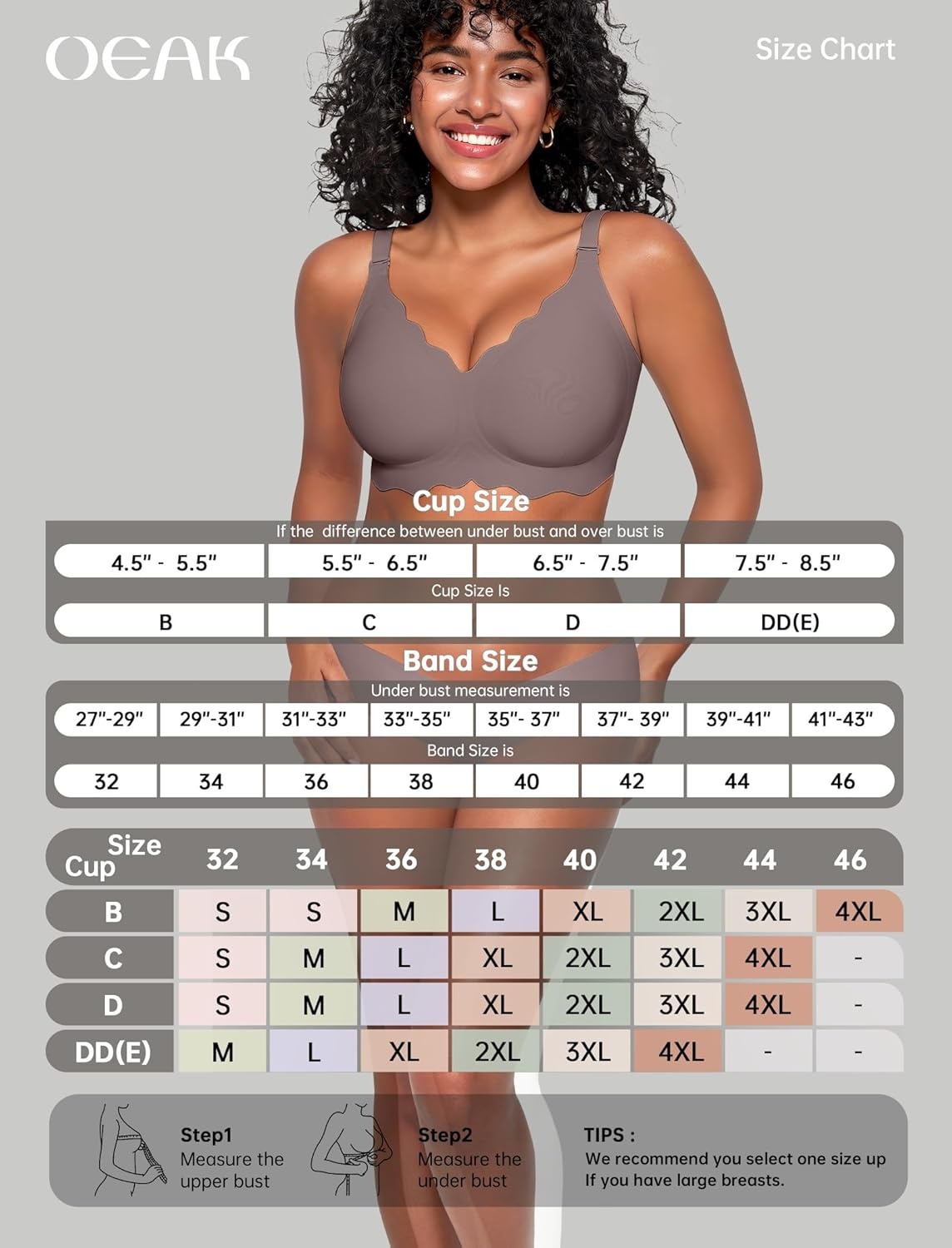 image:imageOEAK Women Jelly Bras No Underwire Scalloped Push Up Buttery Soft Tshirt Bra Seamless Full Coverage Convertible Everyday BraGrey
