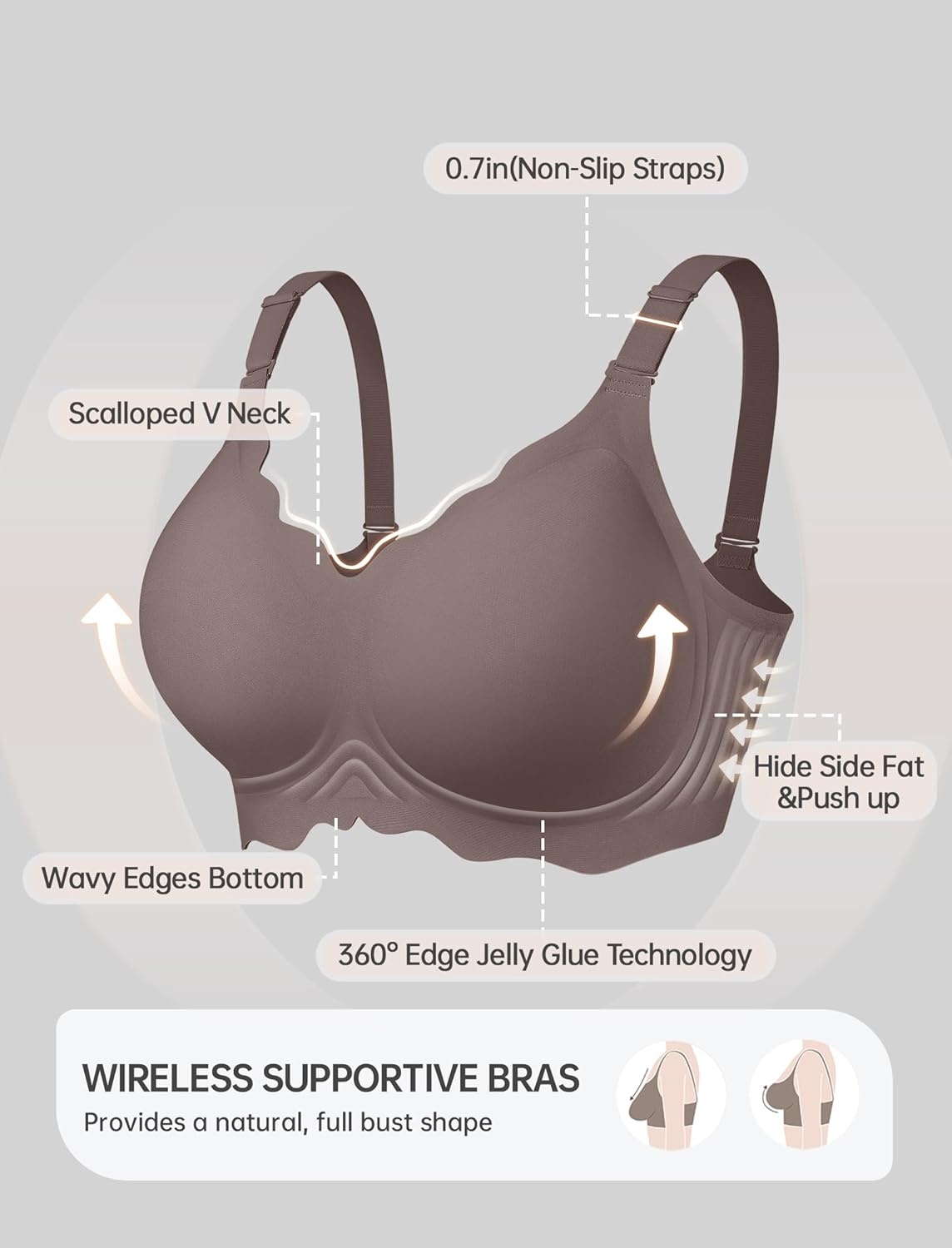 image:imageOEAK Women Jelly Bras No Underwire Scalloped Push Up Buttery Soft Tshirt Bra Seamless Full Coverage Convertible Everyday BraGrey