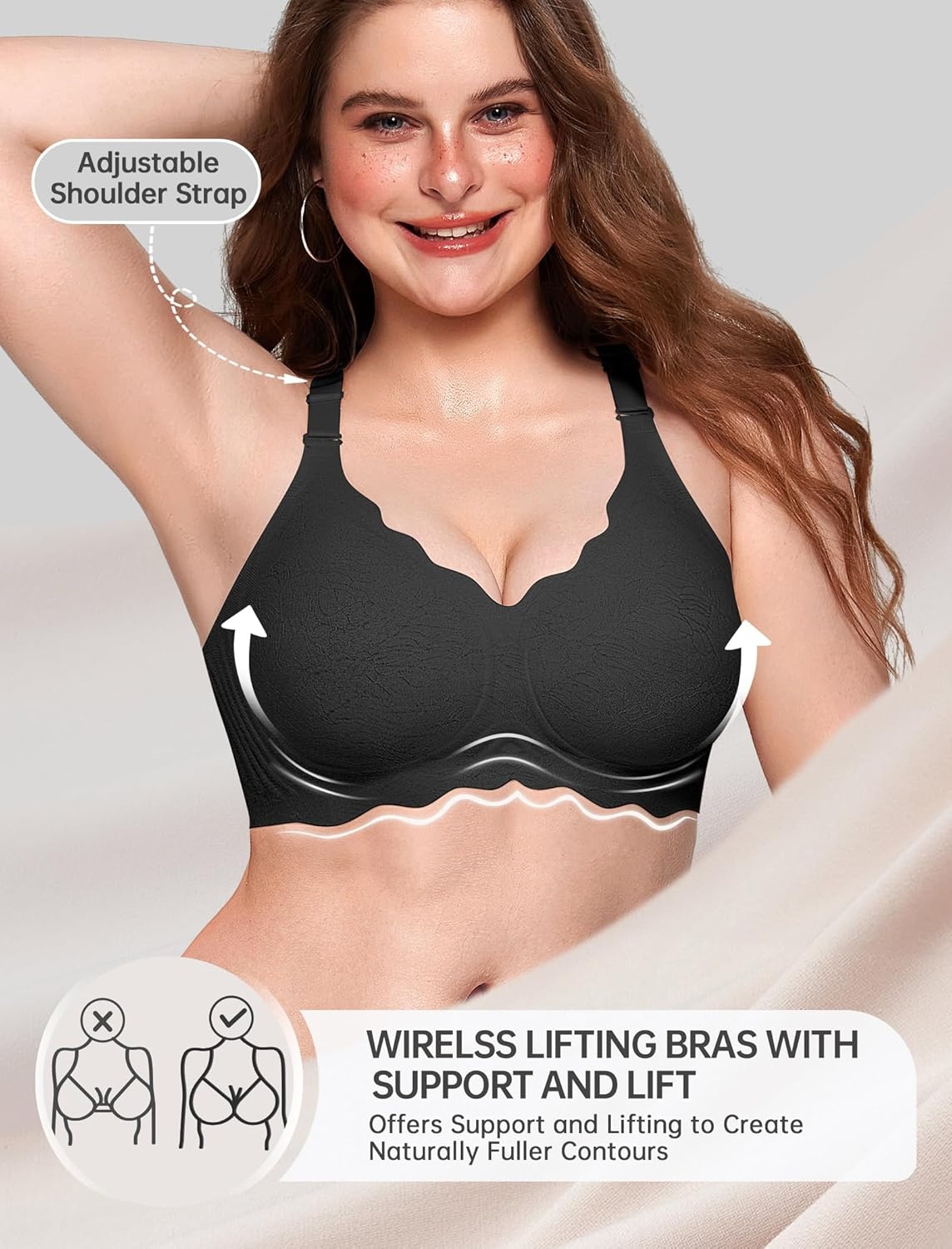 image:imageOEAK Women Jelly Bras No Underwire Scalloped Push Up Buttery Soft Tshirt Bra Seamless Full Coverage Convertible Everyday BraJacquard Black