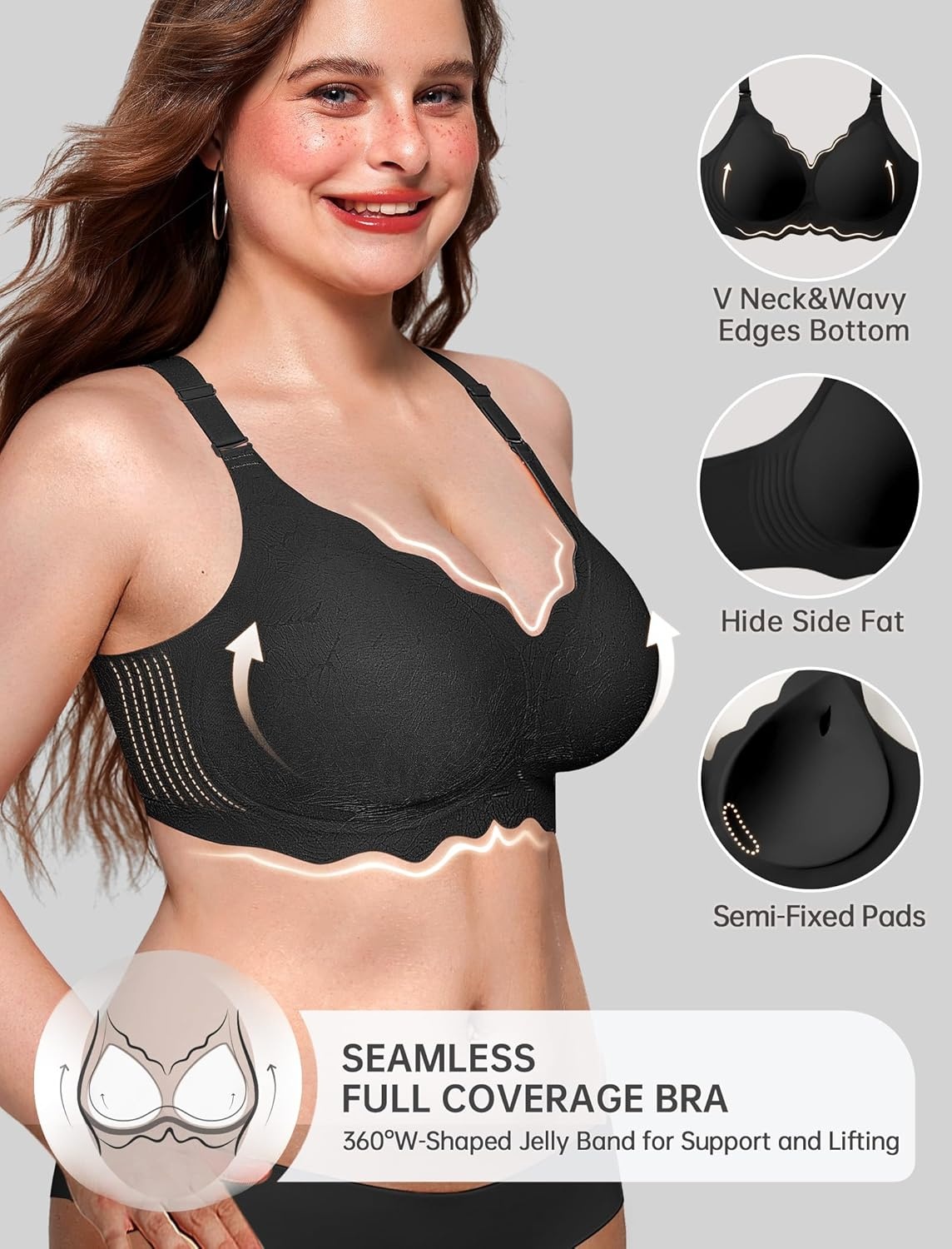 image:imageOEAK Women Jelly Bras No Underwire Scalloped Push Up Buttery Soft Tshirt Bra Seamless Full Coverage Convertible Everyday BraJacquard Black