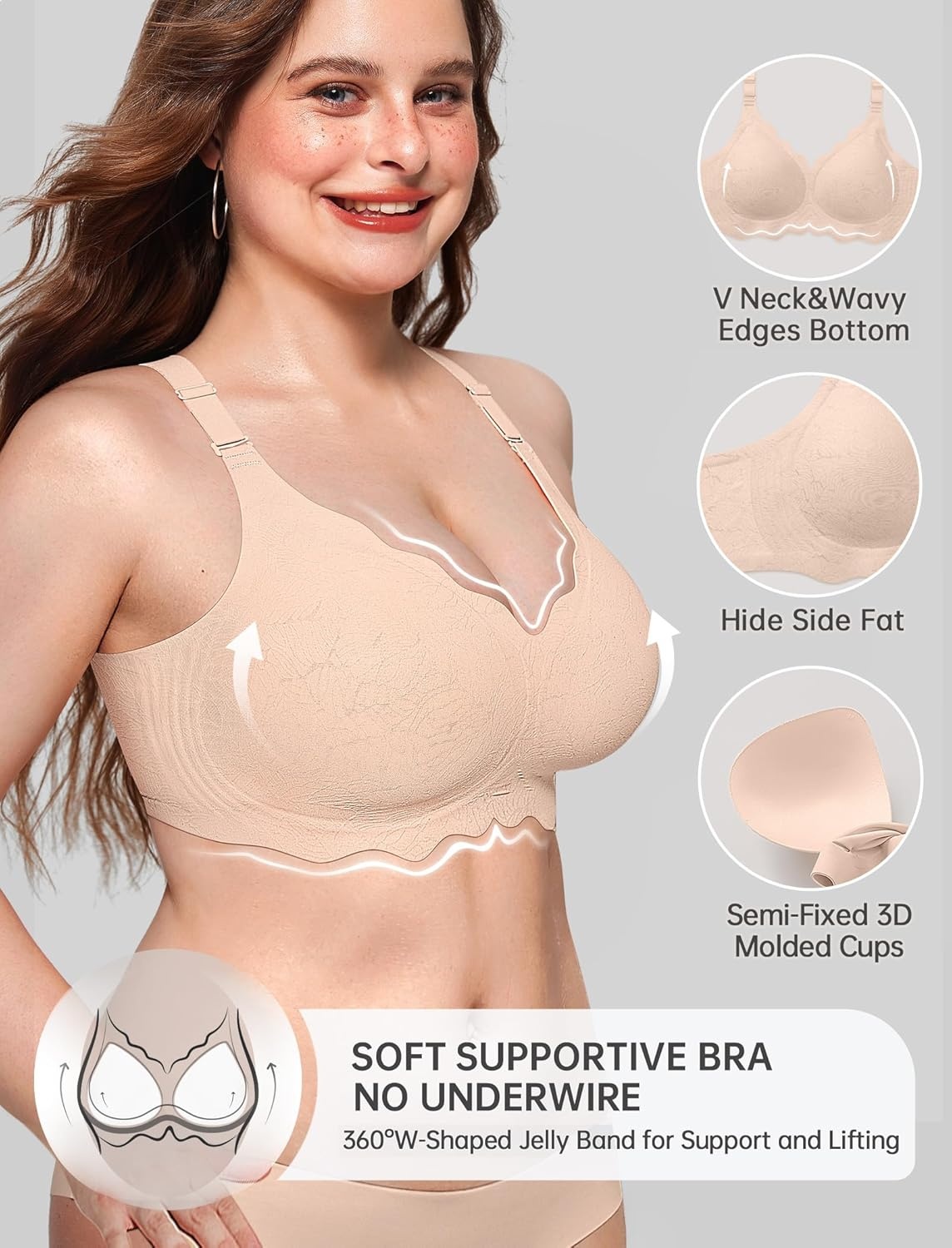 image:imageOEAK Women Jelly Bras No Underwire Scalloped Push Up Buttery Soft Tshirt Bra Seamless Full Coverage Convertible Everyday BraJacquard Nude