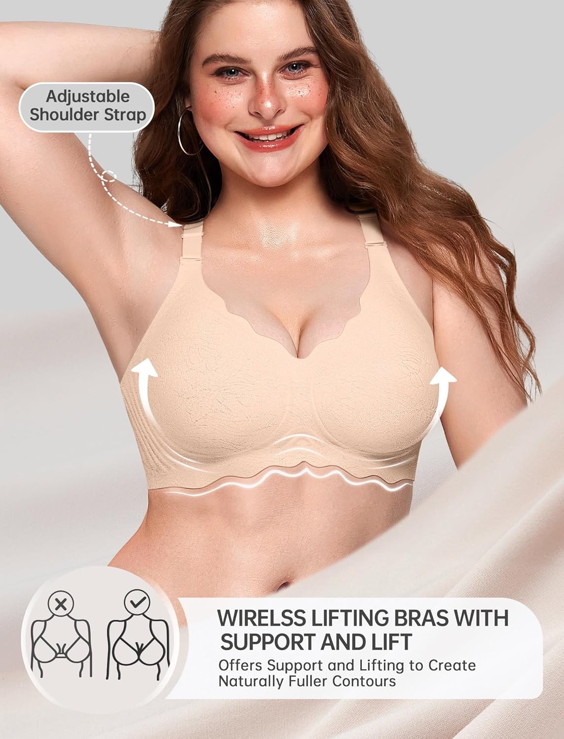 image:imageOEAK Women Jelly Bras No Underwire Scalloped Push Up Buttery Soft Tshirt Bra Seamless Full Coverage Convertible Everyday BraJacquard Nude
