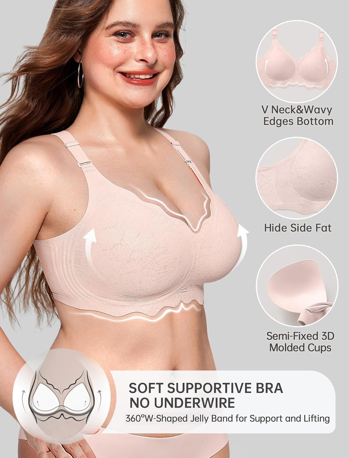 image:imageOEAK Women Jelly Bras No Underwire Scalloped Push Up Buttery Soft Tshirt Bra Seamless Full Coverage Convertible Everyday BraJacquard Pink