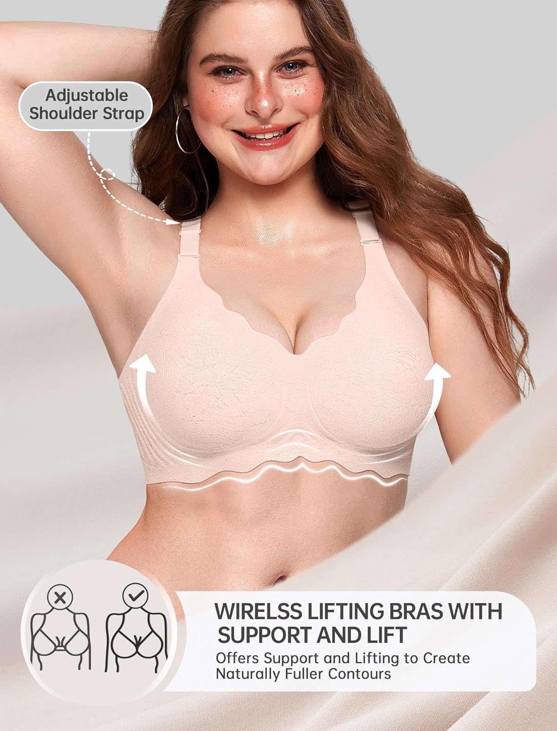 image:imageOEAK Women Jelly Bras No Underwire Scalloped Push Up Buttery Soft Tshirt Bra Seamless Full Coverage Convertible Everyday BraJacquard Pink