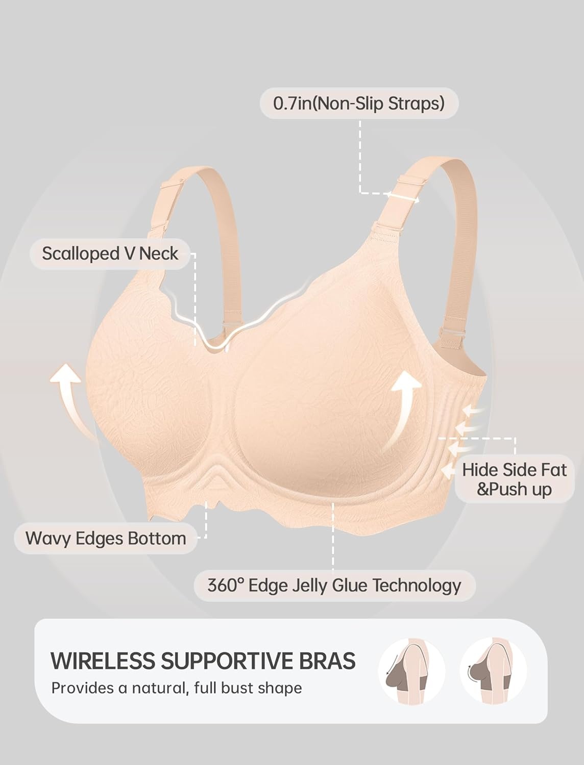 image:imageOEAK Women Jelly Bras No Underwire Scalloped Push Up Buttery Soft Tshirt Bra Seamless Full Coverage Convertible Everyday BraJacquard Skin