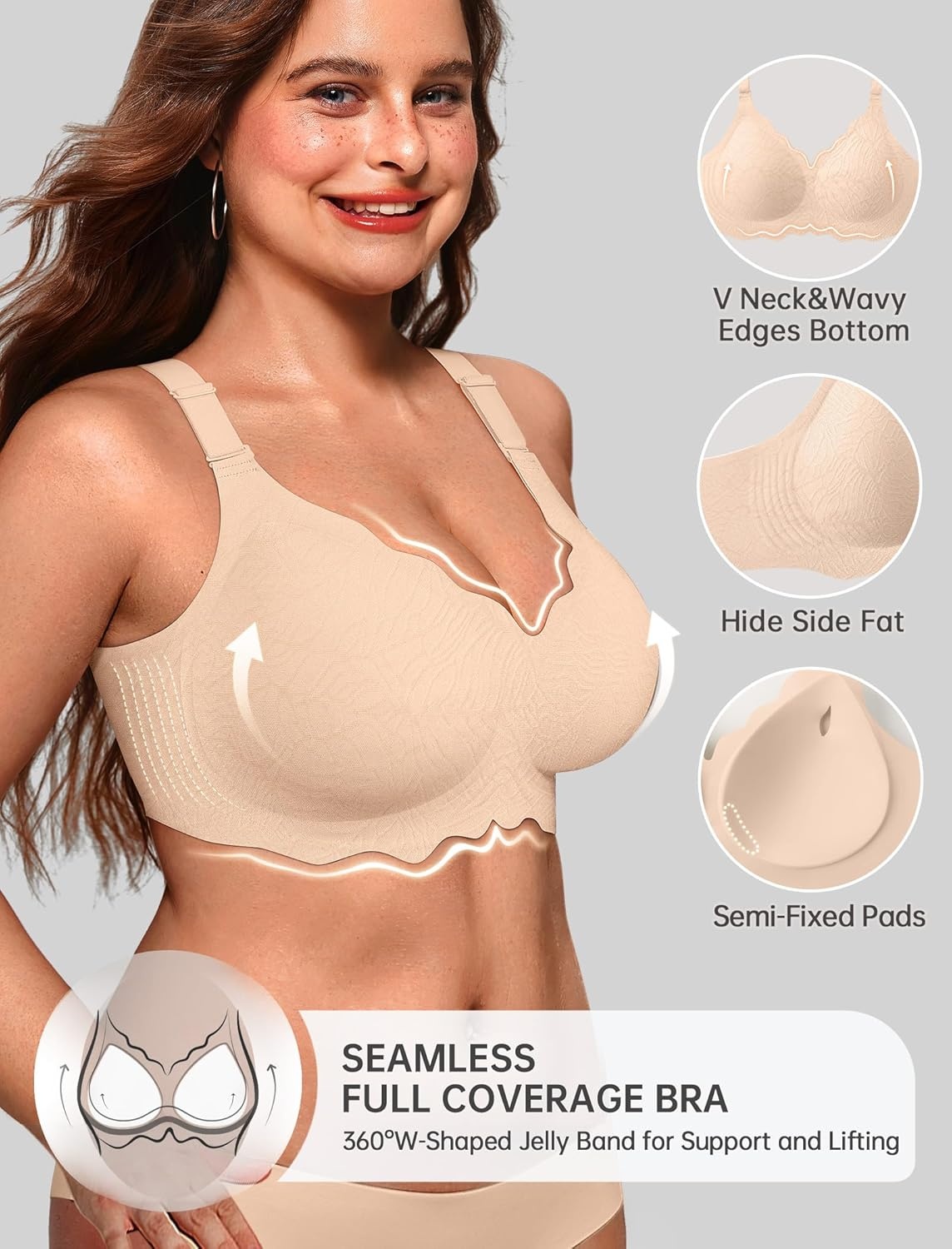 image:imageOEAK Women Jelly Bras No Underwire Scalloped Push Up Buttery Soft Tshirt Bra Seamless Full Coverage Convertible Everyday BraJacquard Skin