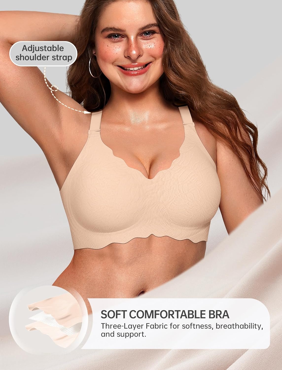image:imageOEAK Women Jelly Bras No Underwire Scalloped Push Up Buttery Soft Tshirt Bra Seamless Full Coverage Convertible Everyday BraJacquard Skin