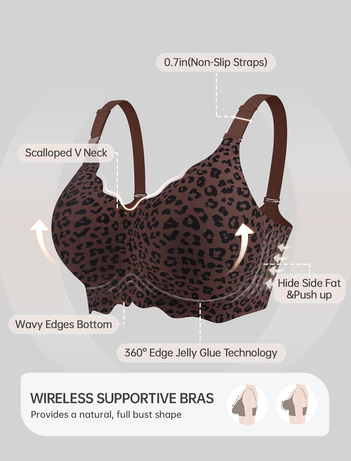 image:imageOEAK Women Jelly Bras No Underwire Scalloped Push Up Buttery Soft Tshirt Bra Seamless Full Coverage Convertible Everyday BraLeopard Coffee