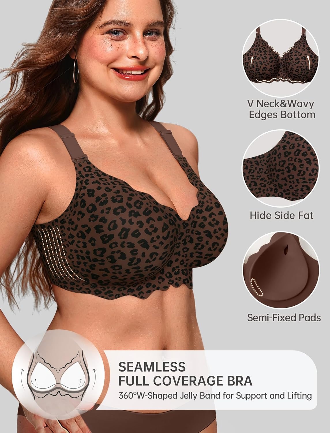 image:imageOEAK Women Jelly Bras No Underwire Scalloped Push Up Buttery Soft Tshirt Bra Seamless Full Coverage Convertible Everyday BraLeopard Coffee