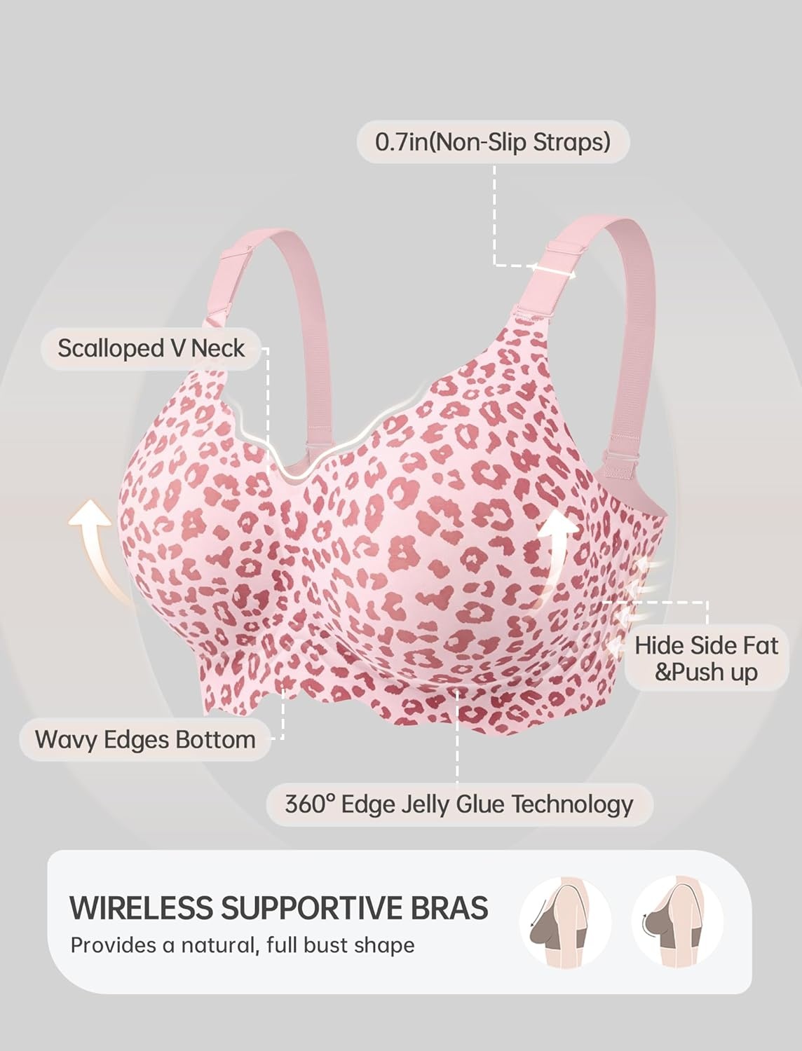 image:imageOEAK Women Jelly Bras No Underwire Scalloped Push Up Buttery Soft Tshirt Bra Seamless Full Coverage Convertible Everyday BraLeopard Pink
