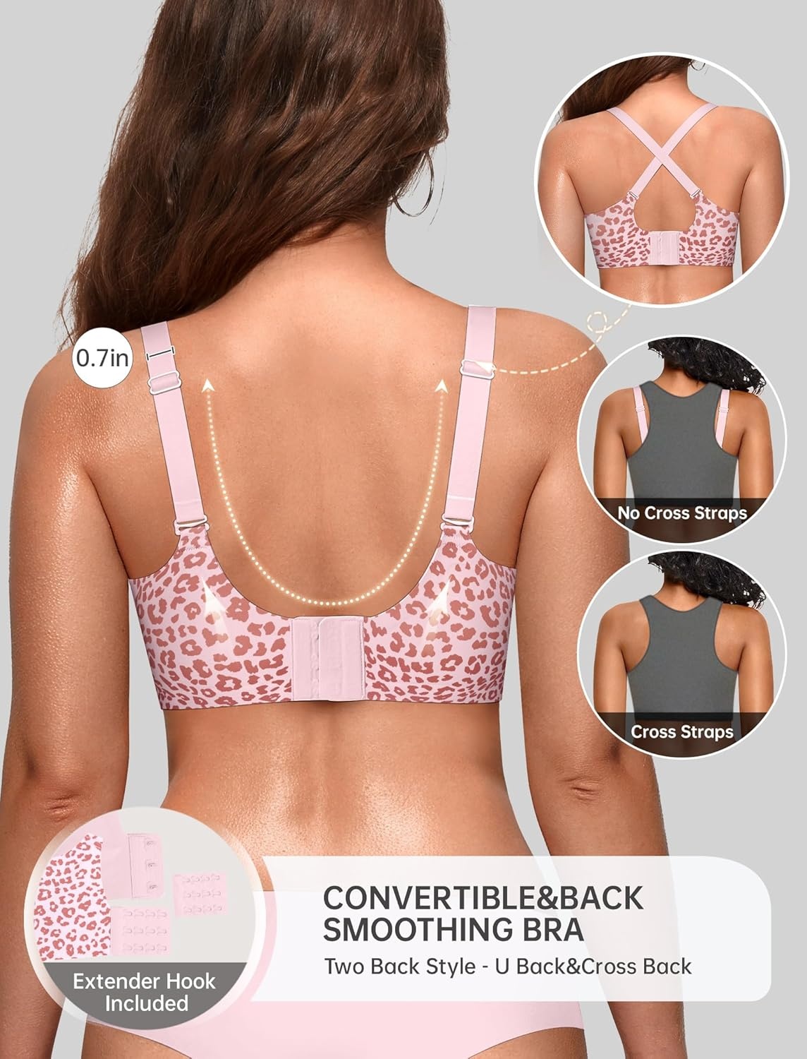 image:imageOEAK Women Jelly Bras No Underwire Scalloped Push Up Buttery Soft Tshirt Bra Seamless Full Coverage Convertible Everyday BraLeopard Pink