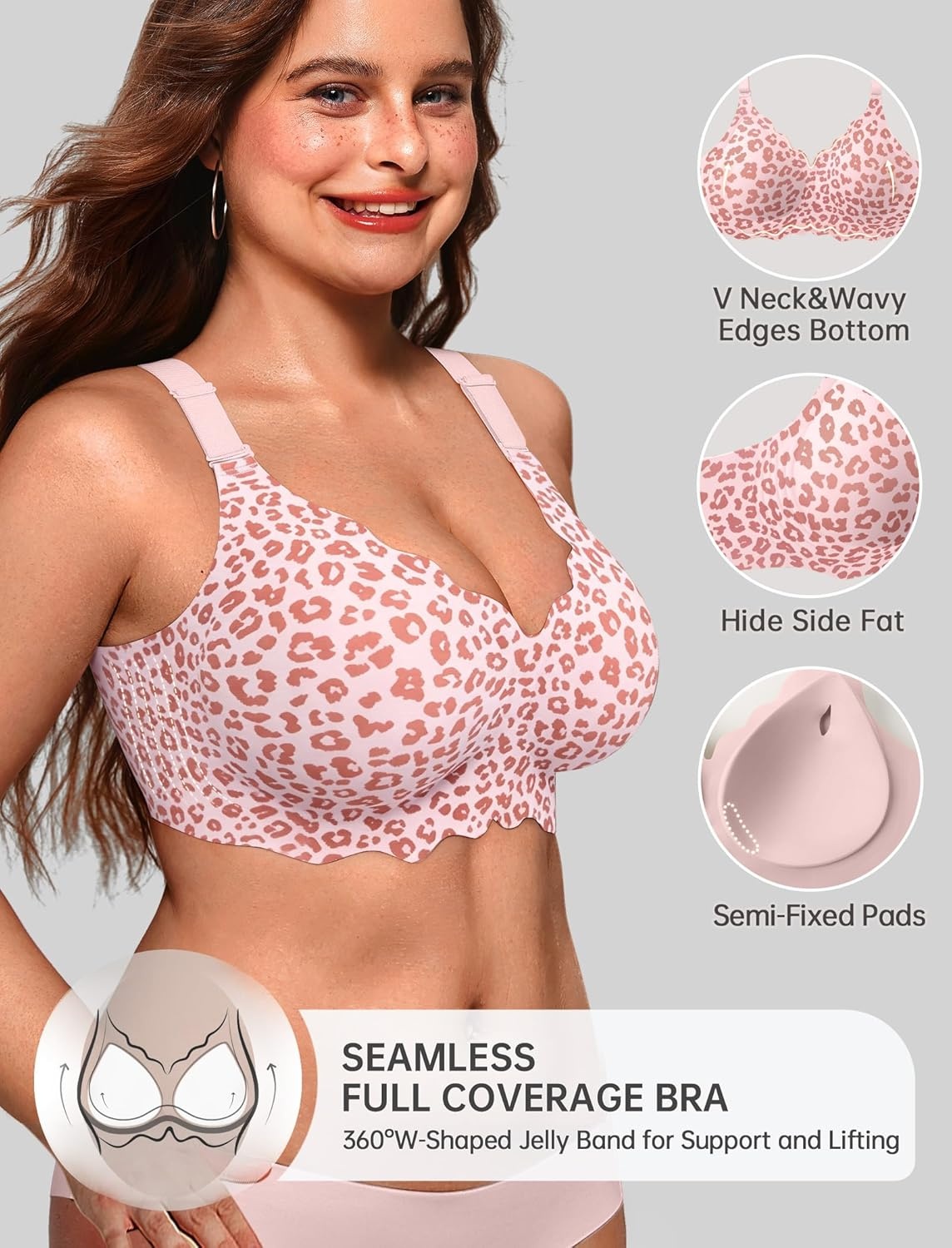 image:imageOEAK Women Jelly Bras No Underwire Scalloped Push Up Buttery Soft Tshirt Bra Seamless Full Coverage Convertible Everyday BraLeopard Pink