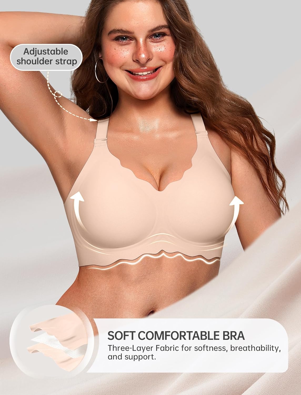 image:imageOEAK Women Jelly Bras No Underwire Scalloped Push Up Buttery Soft Tshirt Bra Seamless Full Coverage Convertible Everyday BraNude