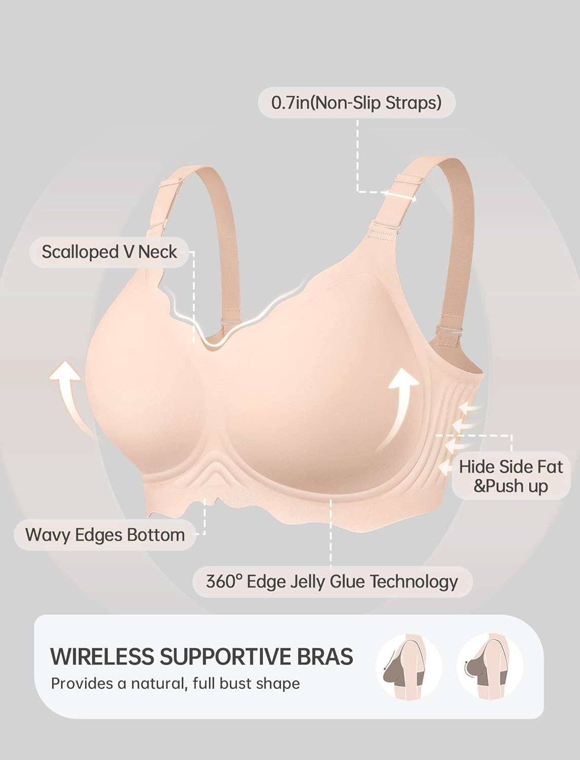 image:imageOEAK Women Jelly Bras No Underwire Scalloped Push Up Buttery Soft Tshirt Bra Seamless Full Coverage Convertible Everyday BraNude