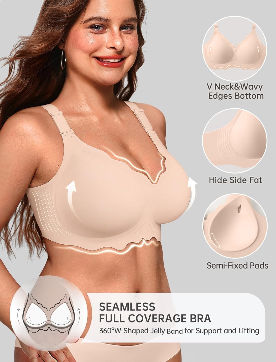 image:imageOEAK Women Jelly Bras No Underwire Scalloped Push Up Buttery Soft Tshirt Bra Seamless Full Coverage Convertible Everyday BraNude
