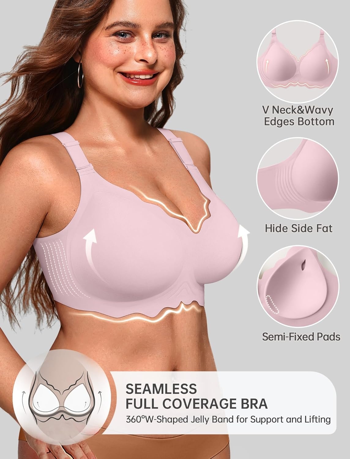 image:imageOEAK Women Jelly Bras No Underwire Scalloped Push Up Buttery Soft Tshirt Bra Seamless Full Coverage Convertible Everyday BraPink