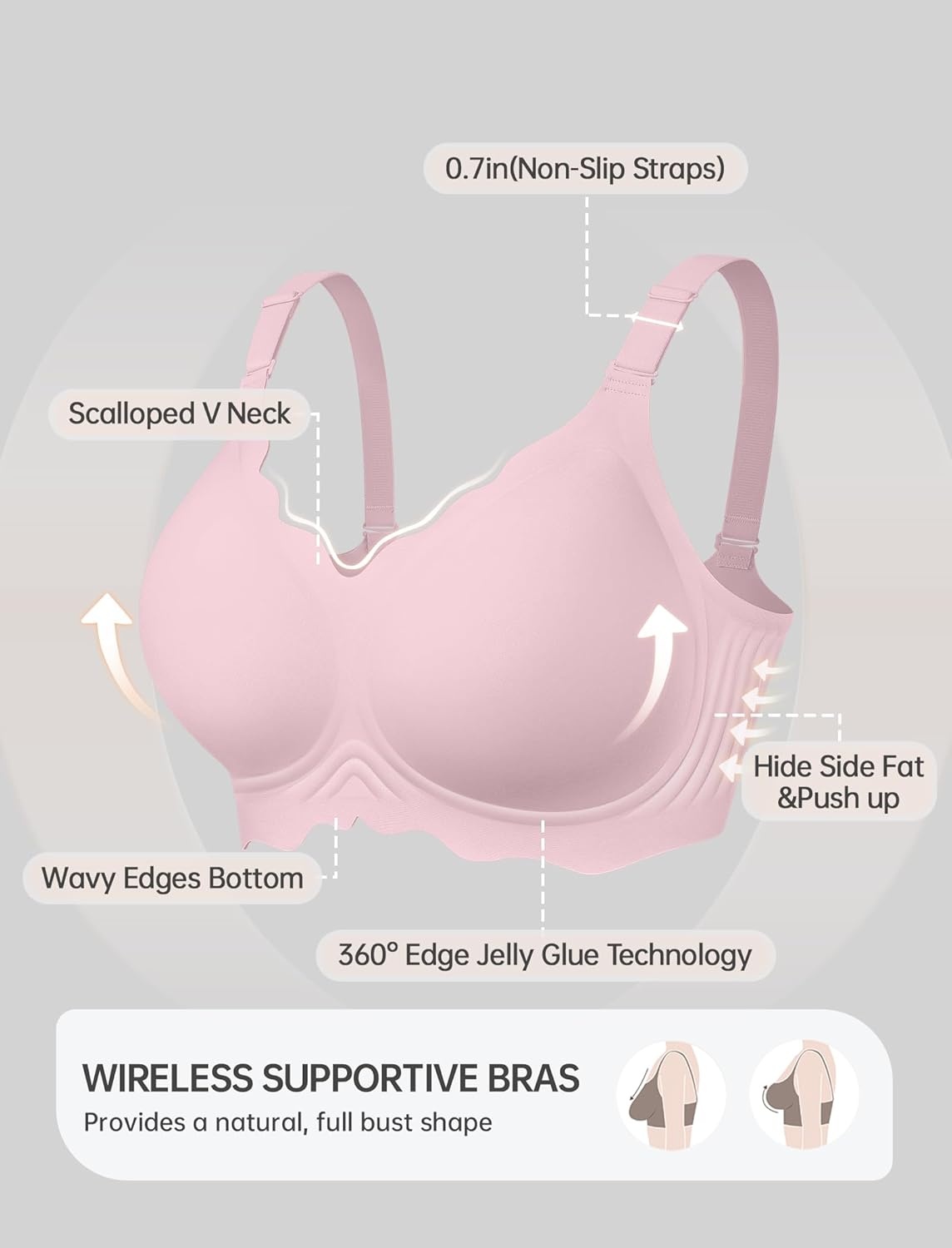 image:imageOEAK Women Jelly Bras No Underwire Scalloped Push Up Buttery Soft Tshirt Bra Seamless Full Coverage Convertible Everyday BraPink