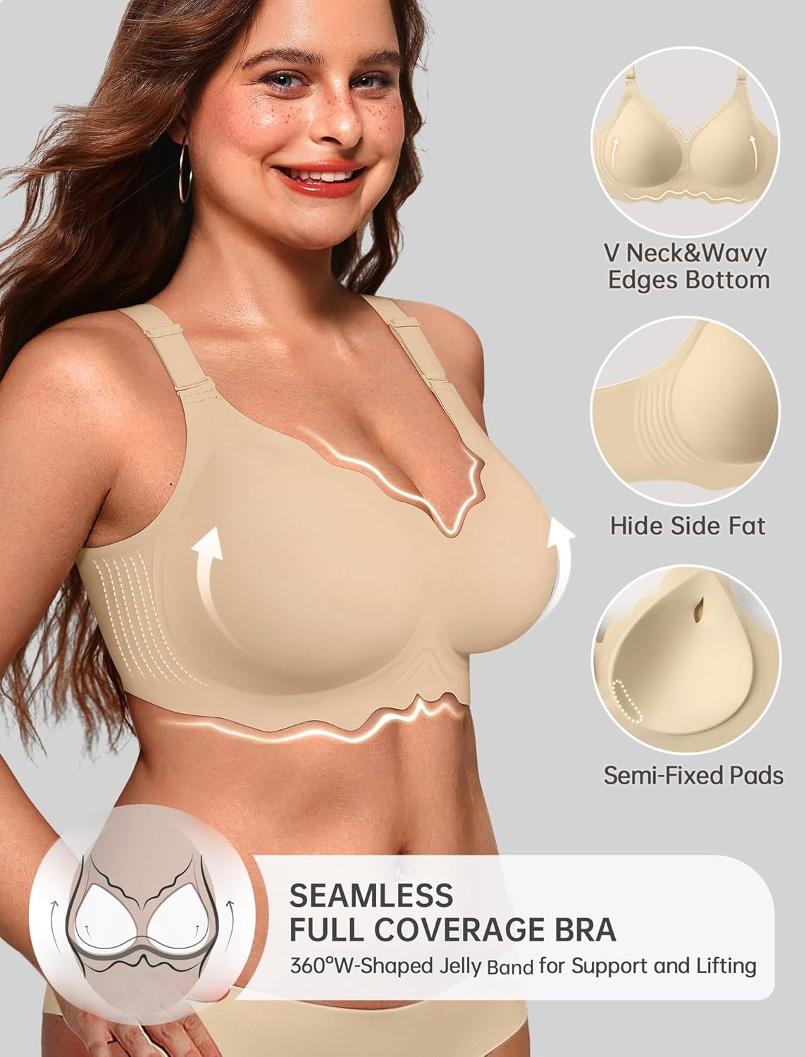 image:imageOEAK Women Jelly Bras No Underwire Scalloped Push Up Buttery Soft Tshirt Bra Seamless Full Coverage Convertible Everyday BraSemolina