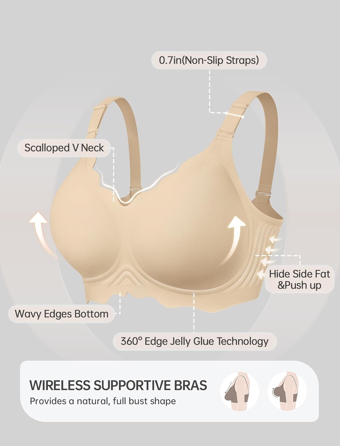image:imageOEAK Women Jelly Bras No Underwire Scalloped Push Up Buttery Soft Tshirt Bra Seamless Full Coverage Convertible Everyday BraSemolina