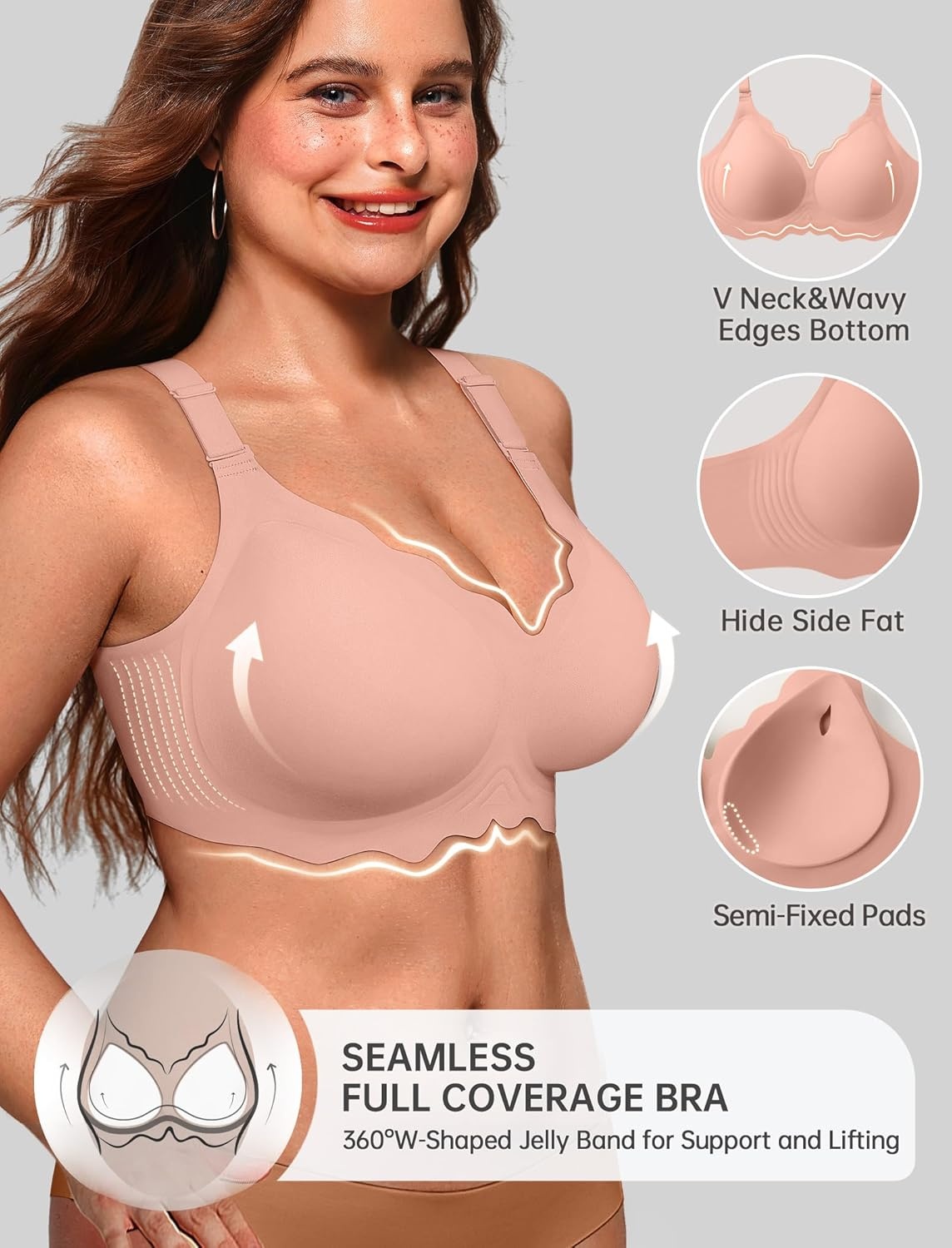 image:imageOEAK Women Jelly Bras No Underwire Scalloped Push Up Buttery Soft Tshirt Bra Seamless Full Coverage Convertible Everyday BraTea Red