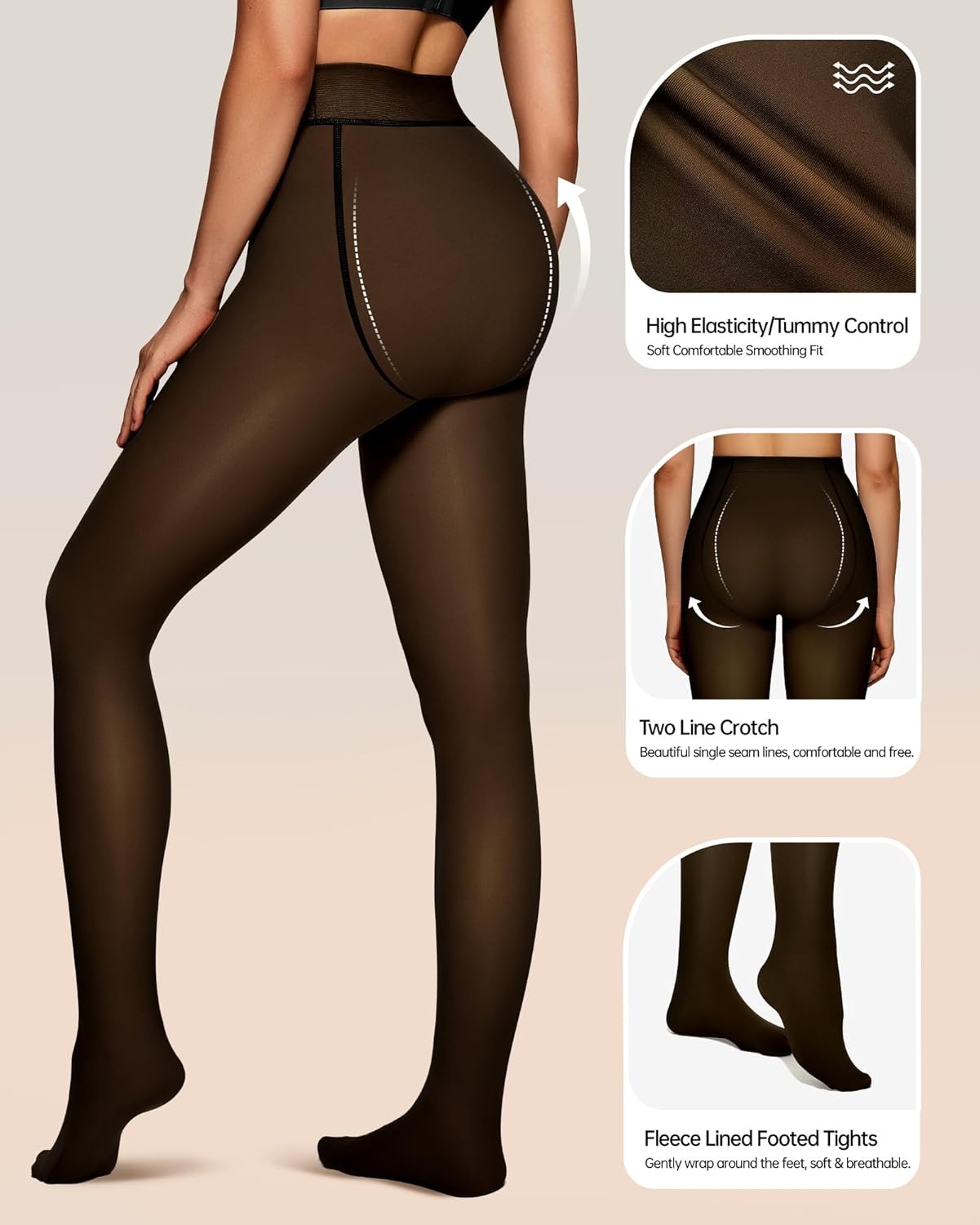 image:imageOEAK Womens 2 Pack Fleece Lined Tights Fake Translucent Pantyhose Thermal Opaque High Waisted Leggings Footed Sheer Tights2 Pairs Blackbrown