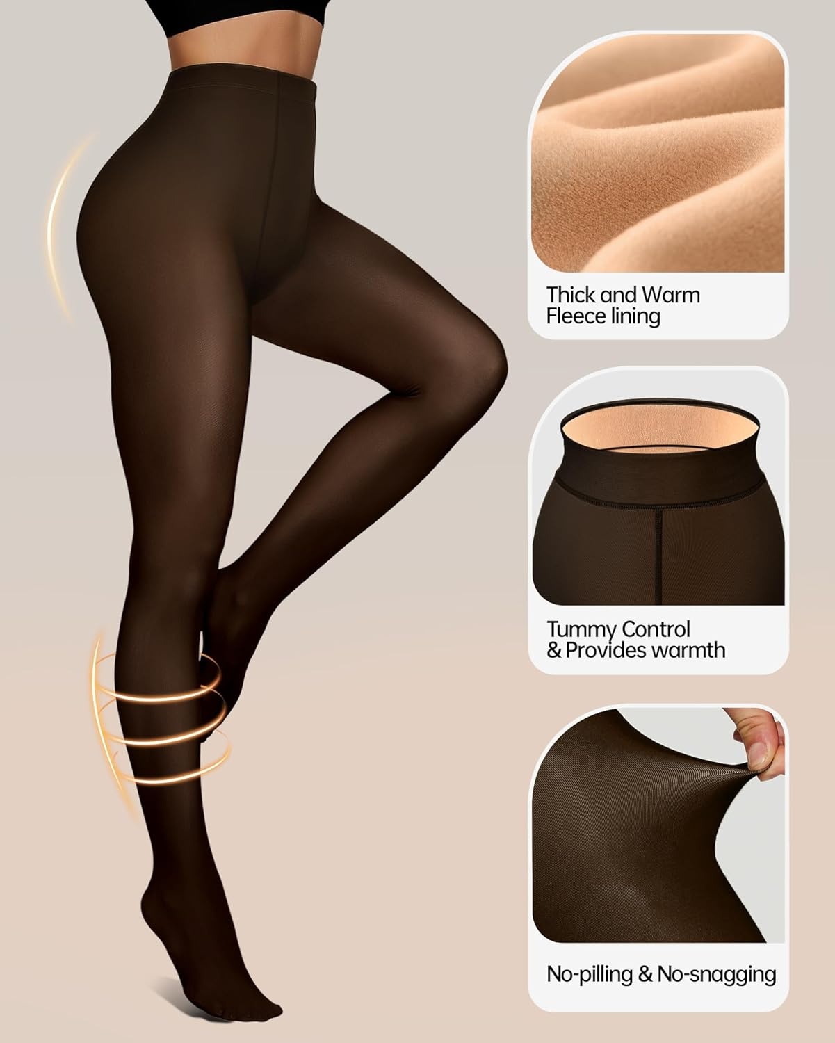 image:imageOEAK Womens 2 Pack Fleece Lined Tights Fake Translucent Pantyhose Thermal Opaque High Waisted Leggings Footed Sheer TightsFake Translucent Black Coffee