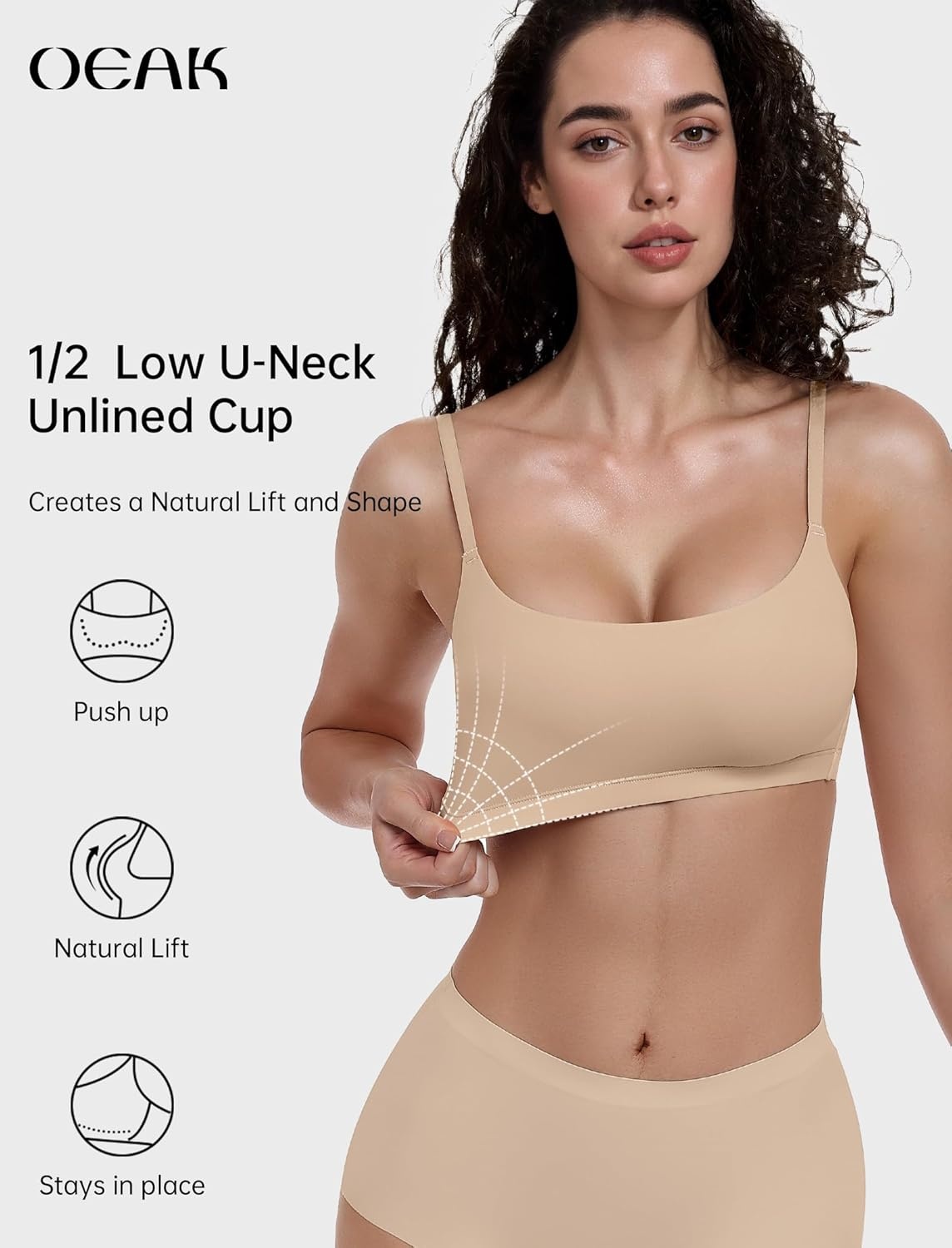 image:imageOEAK Womens Comfortable Bras No Underwire Cami Bra Seamless Unlined Bralettes Scoop Neck Unpadded Everyday Sports Tshirt BraBeige