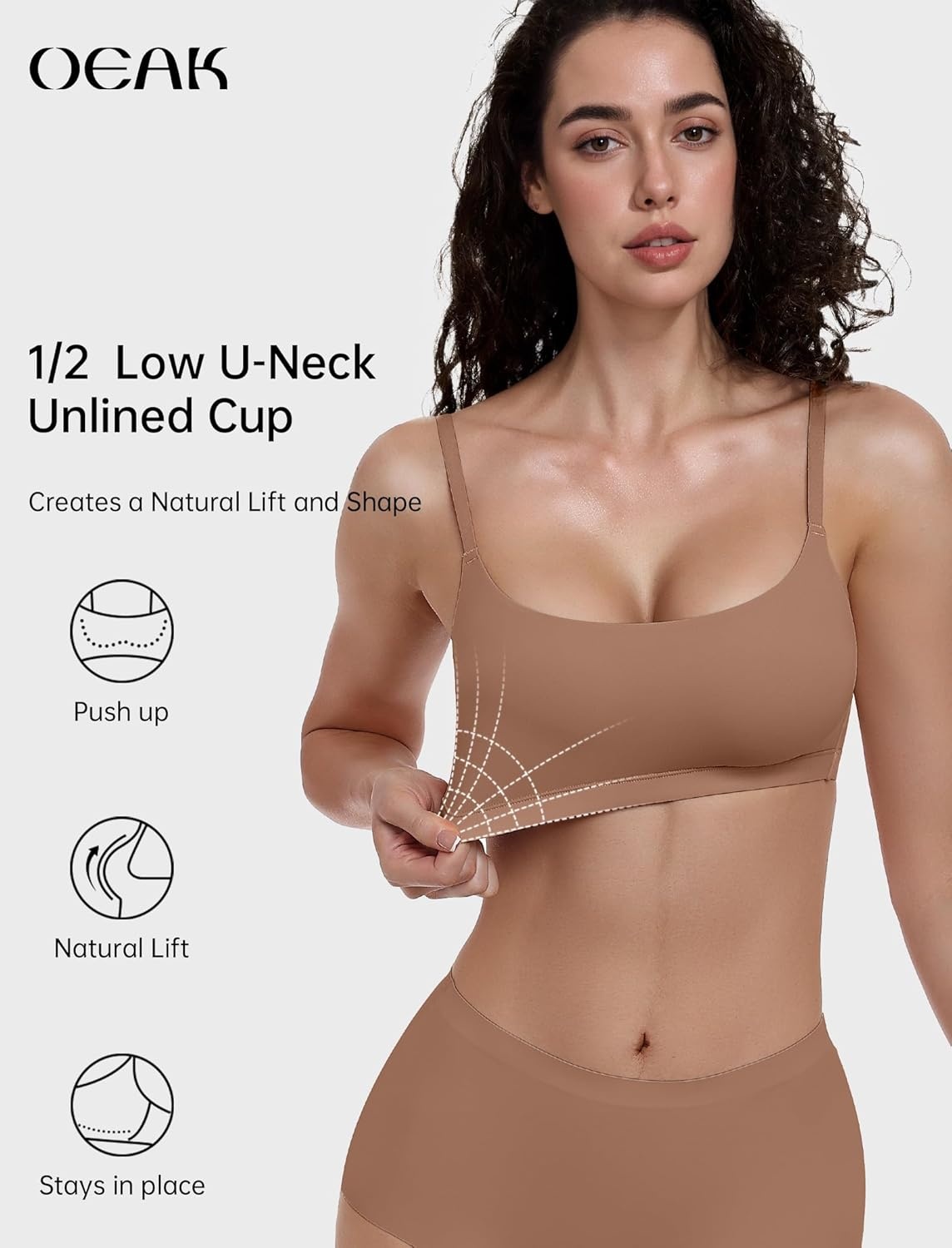 image:imageOEAK Womens Comfortable Bras No Underwire Cami Bra Seamless Unlined Bralettes Scoop Neck Unpadded Everyday Sports Tshirt BraLatte