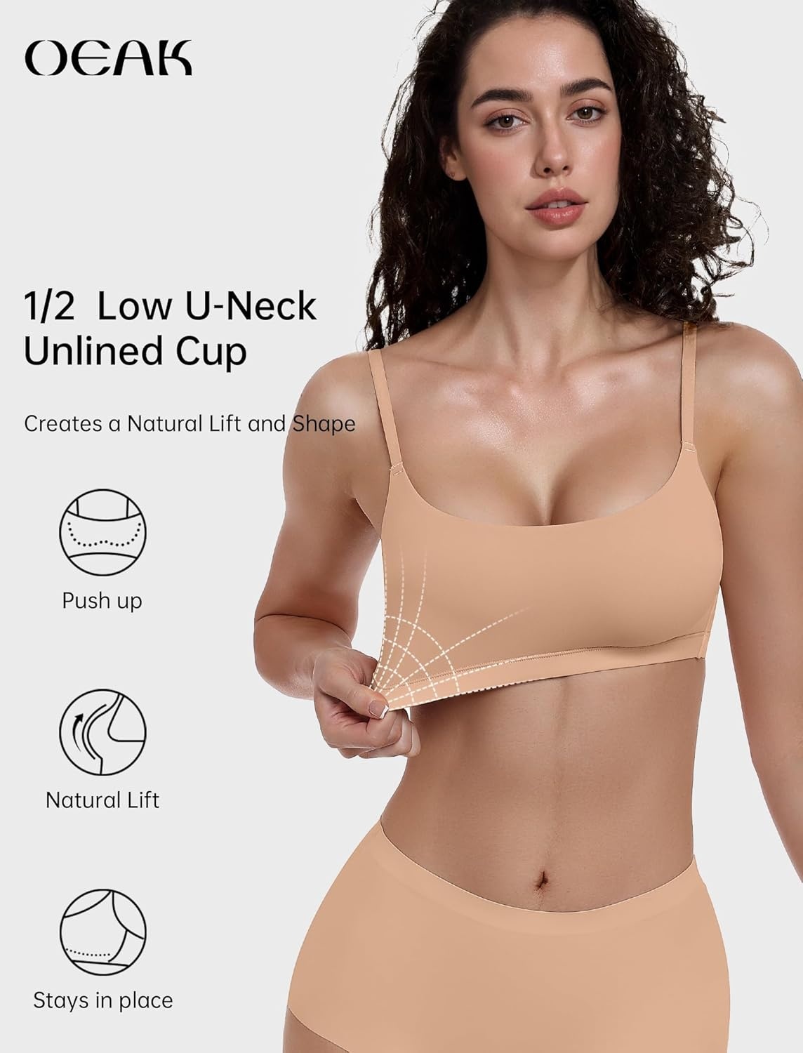 image:imageOEAK Womens Comfortable Bras No Underwire Cami Bra Seamless Unlined Bralettes Scoop Neck Unpadded Everyday Sports Tshirt BraNude