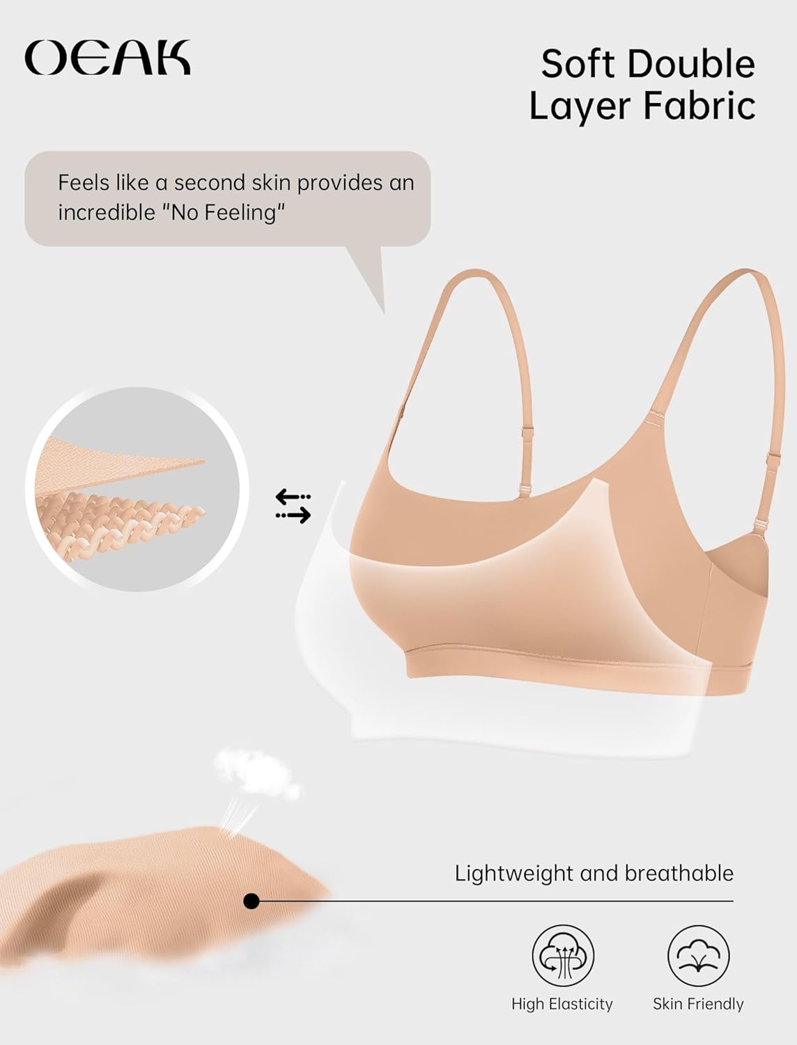 image:imageOEAK Womens Comfortable Bras No Underwire Cami Bra Seamless Unlined Bralettes Scoop Neck Unpadded Everyday Sports Tshirt BraNude