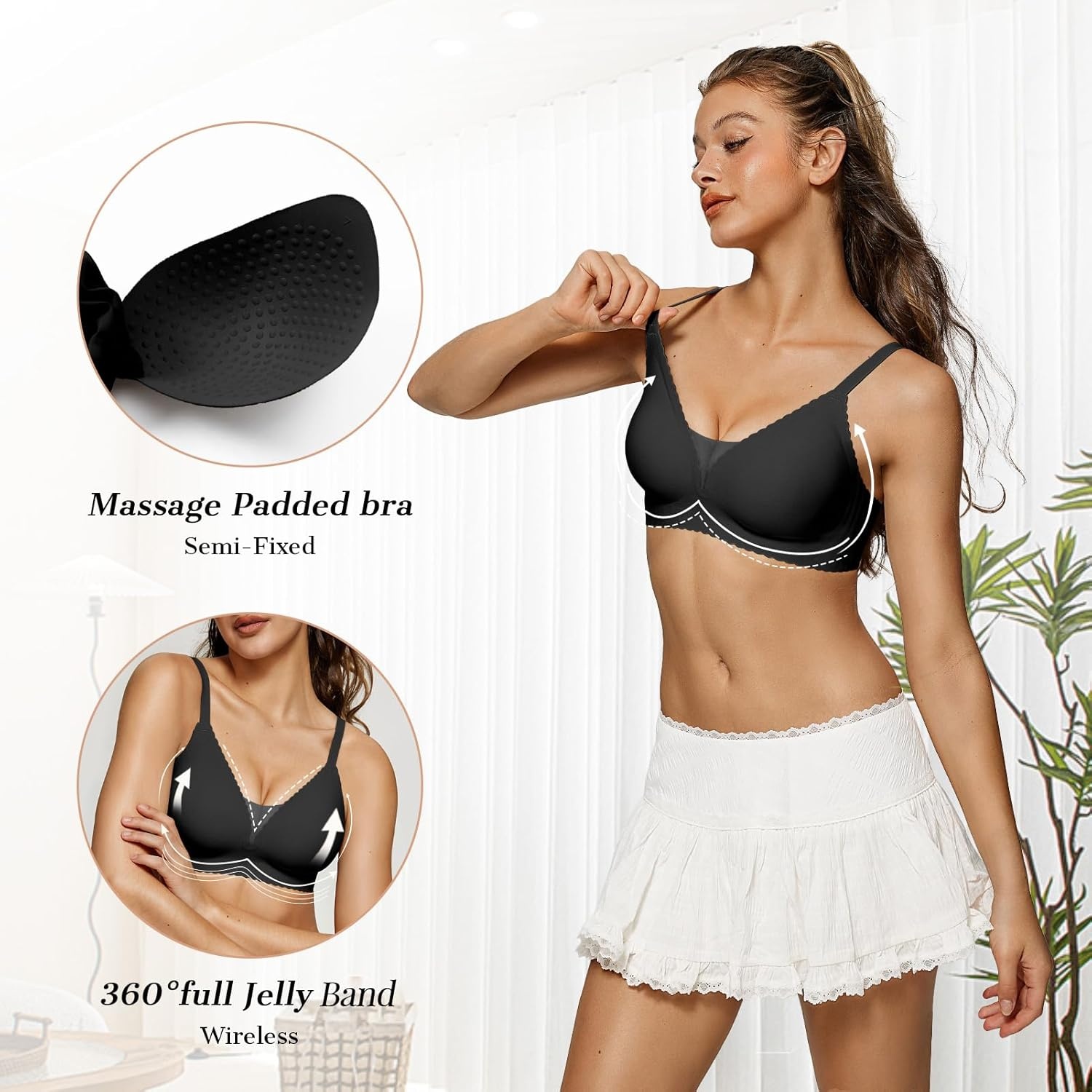 image:imageOEAK Womens Comfortable Bras Wireless Bras Push Up Bralettes Scalloped Mesh Bras Seamless Tshirts Bras Deep V Everyday BrasBlack