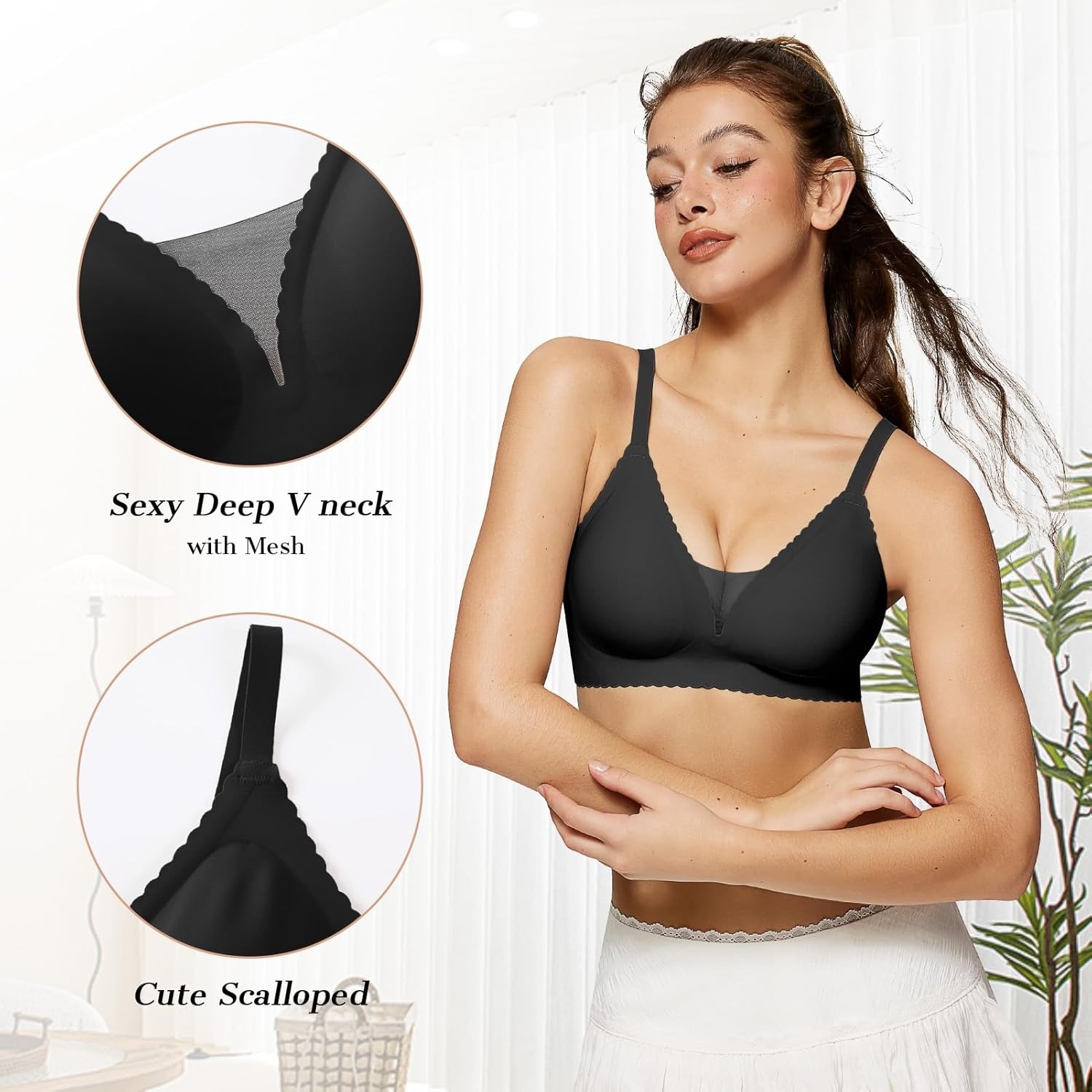 image:imageOEAK Womens Comfortable Bras Wireless Bras Push Up Bralettes Scalloped Mesh Bras Seamless Tshirts Bras Deep V Everyday BrasBlack