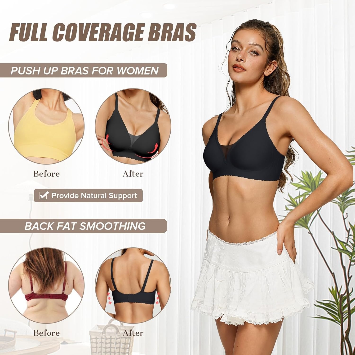 image:imageOEAK Womens Comfortable Bras Wireless Bras Push Up Bralettes Scalloped Mesh Bras Seamless Tshirts Bras Deep V Everyday BrasBlack