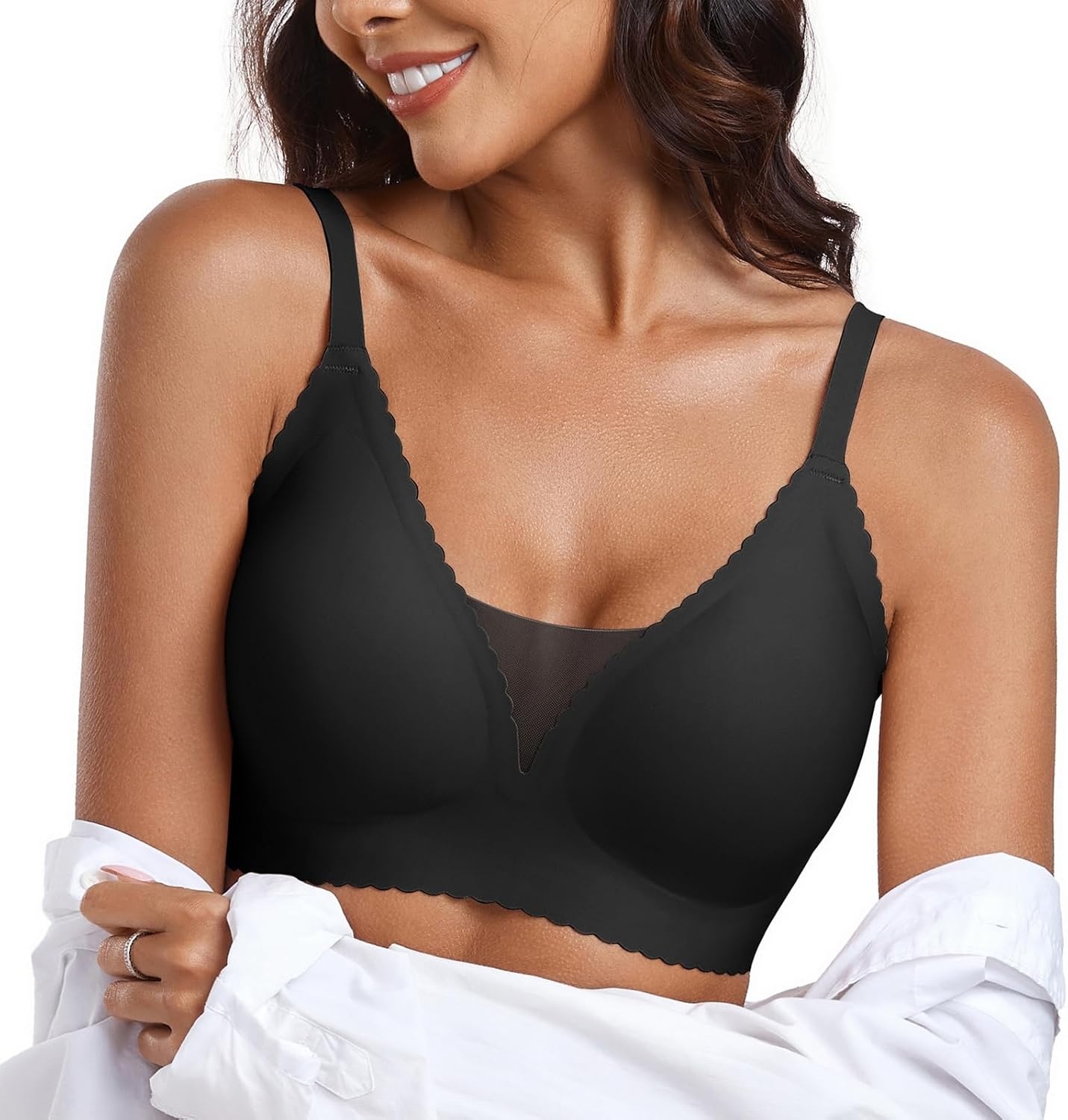 image:imageOEAK Womens Comfortable Bras Wireless Bras Push Up Bralettes Scalloped Mesh Bras Seamless Tshirts Bras Deep V Everyday BrasBlack