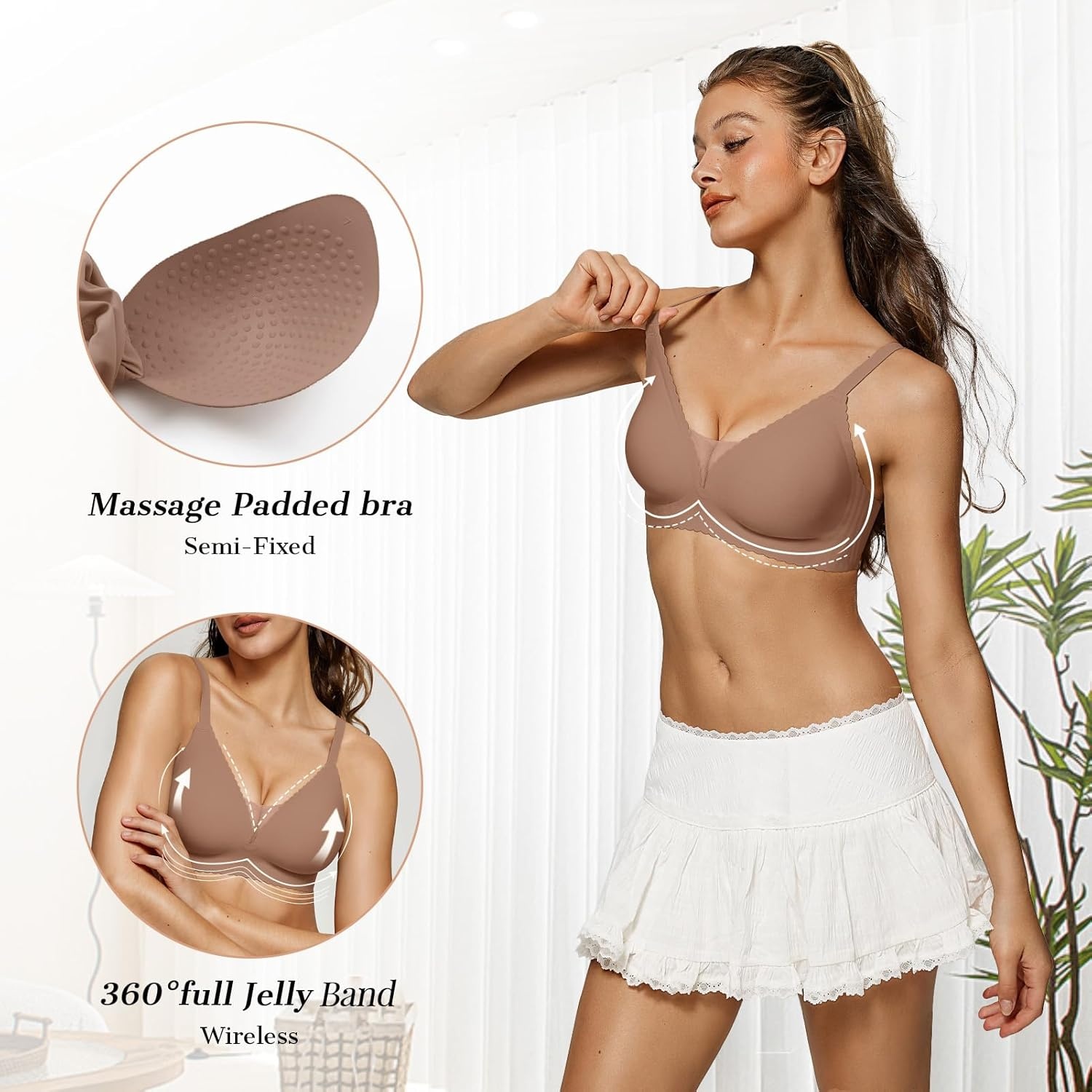image:imageOEAK Womens Comfortable Bras Wireless Bras Push Up Bralettes Scalloped Mesh Bras Seamless Tshirts Bras Deep V Everyday BrasCoffee