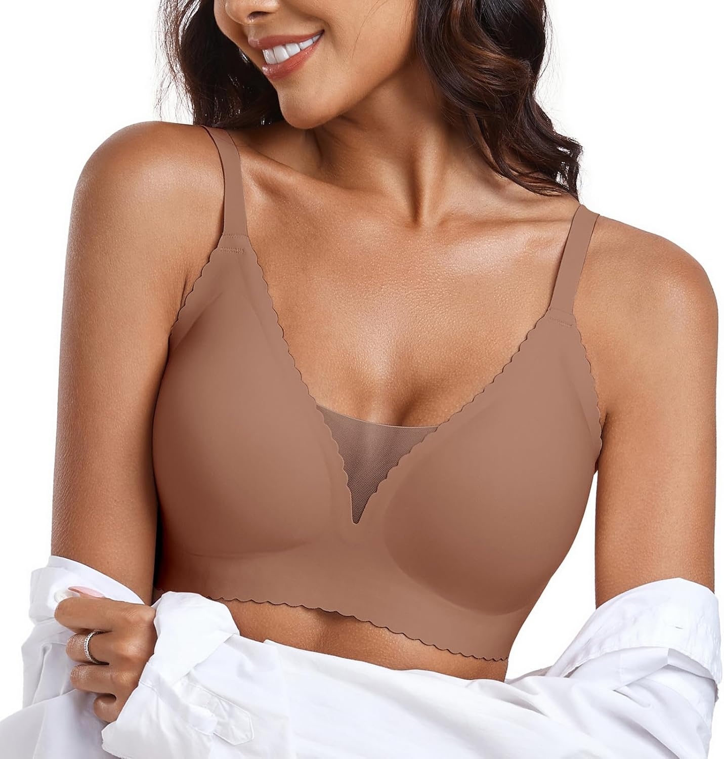 image:imageOEAK Womens Comfortable Bras Wireless Bras Push Up Bralettes Scalloped Mesh Bras Seamless Tshirts Bras Deep V Everyday BrasCoffee