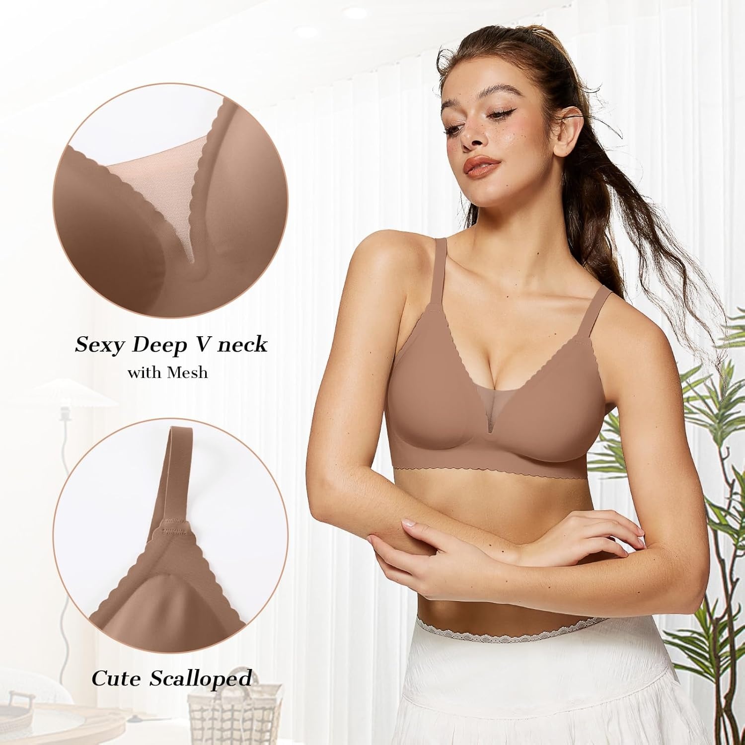 image:imageOEAK Womens Comfortable Bras Wireless Bras Push Up Bralettes Scalloped Mesh Bras Seamless Tshirts Bras Deep V Everyday BrasCoffee
