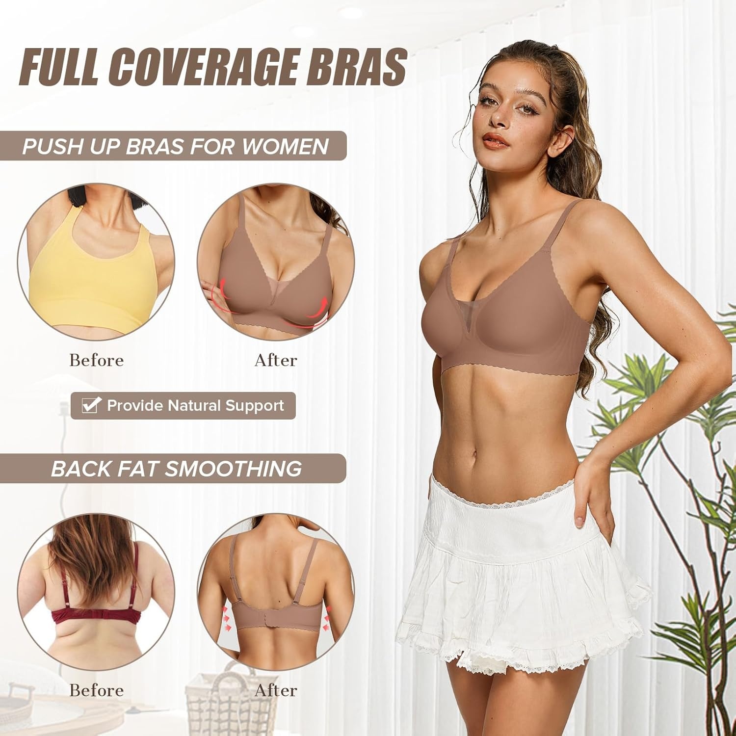 image:imageOEAK Womens Comfortable Bras Wireless Bras Push Up Bralettes Scalloped Mesh Bras Seamless Tshirts Bras Deep V Everyday BrasCoffee