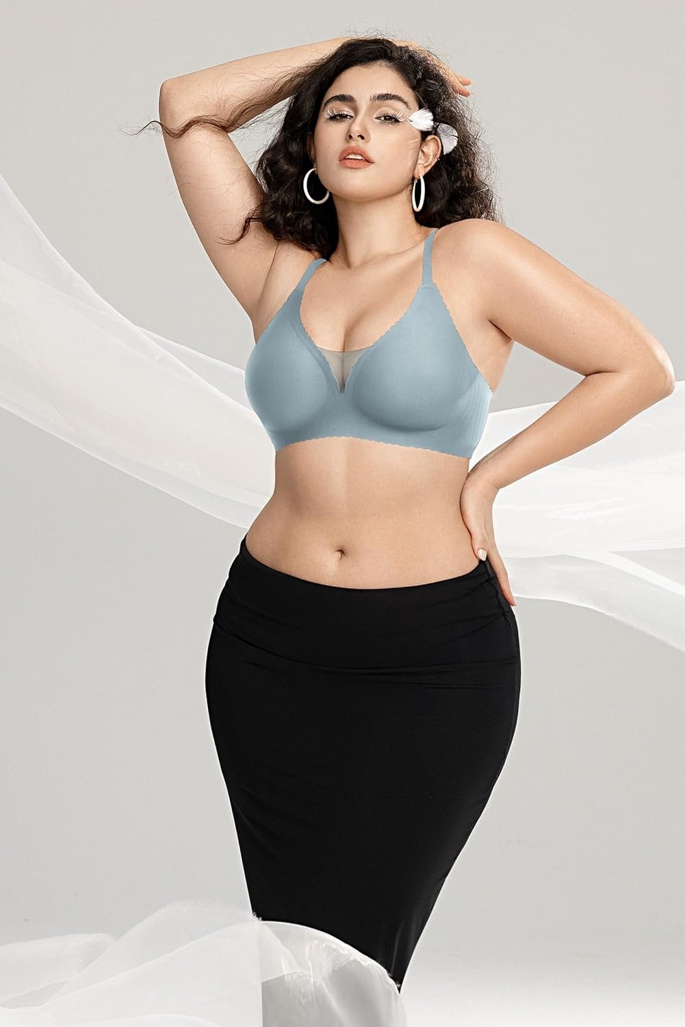 image:imageOEAK Womens Comfortable Bras Wireless Bras Push Up Bralettes Scalloped Mesh Bras Seamless Tshirts Bras Deep V Everyday BrasGreen