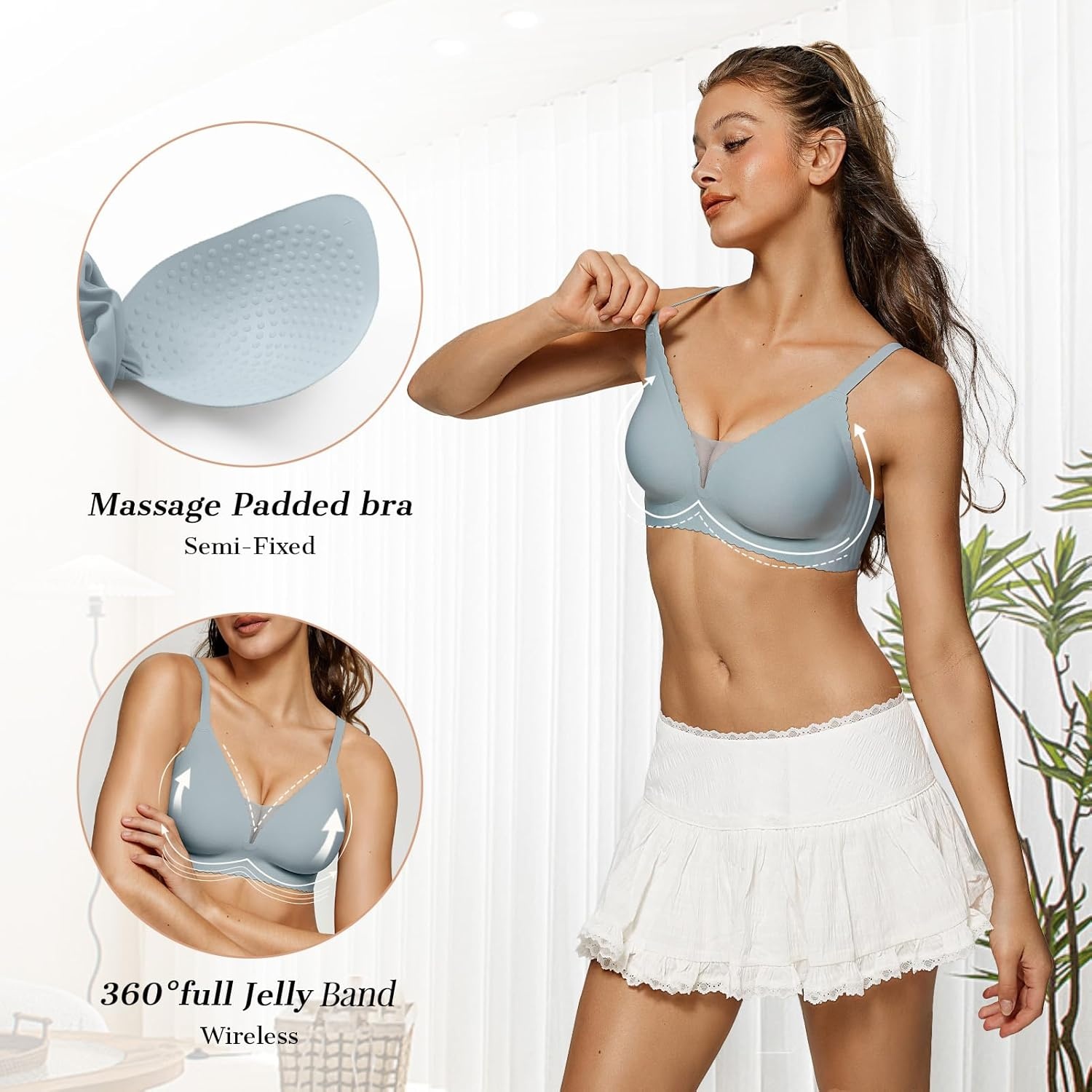image:imageOEAK Womens Comfortable Bras Wireless Bras Push Up Bralettes Scalloped Mesh Bras Seamless Tshirts Bras Deep V Everyday BrasGreen