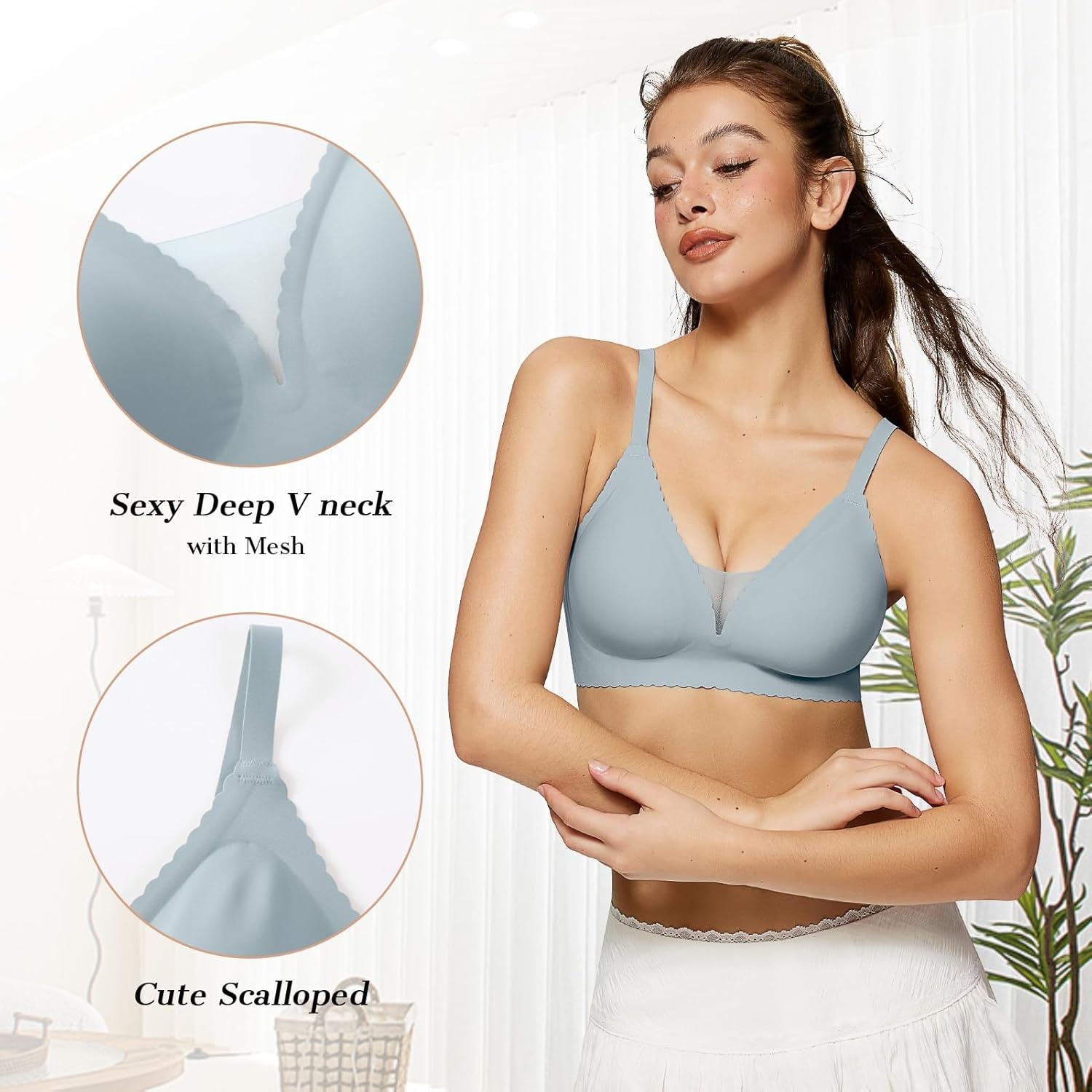 image:imageOEAK Womens Comfortable Bras Wireless Bras Push Up Bralettes Scalloped Mesh Bras Seamless Tshirts Bras Deep V Everyday BrasGreen