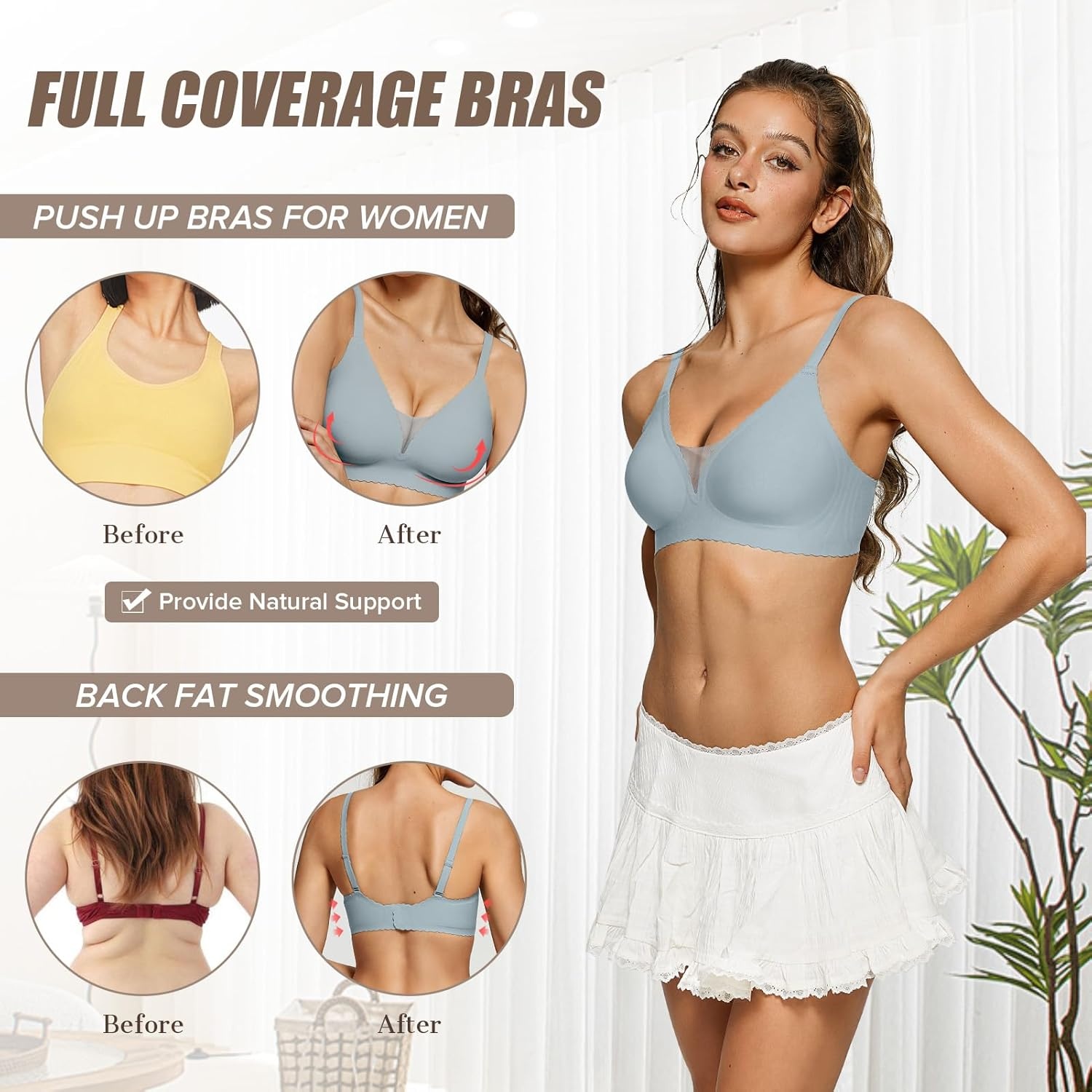 image:imageOEAK Womens Comfortable Bras Wireless Bras Push Up Bralettes Scalloped Mesh Bras Seamless Tshirts Bras Deep V Everyday BrasGreen