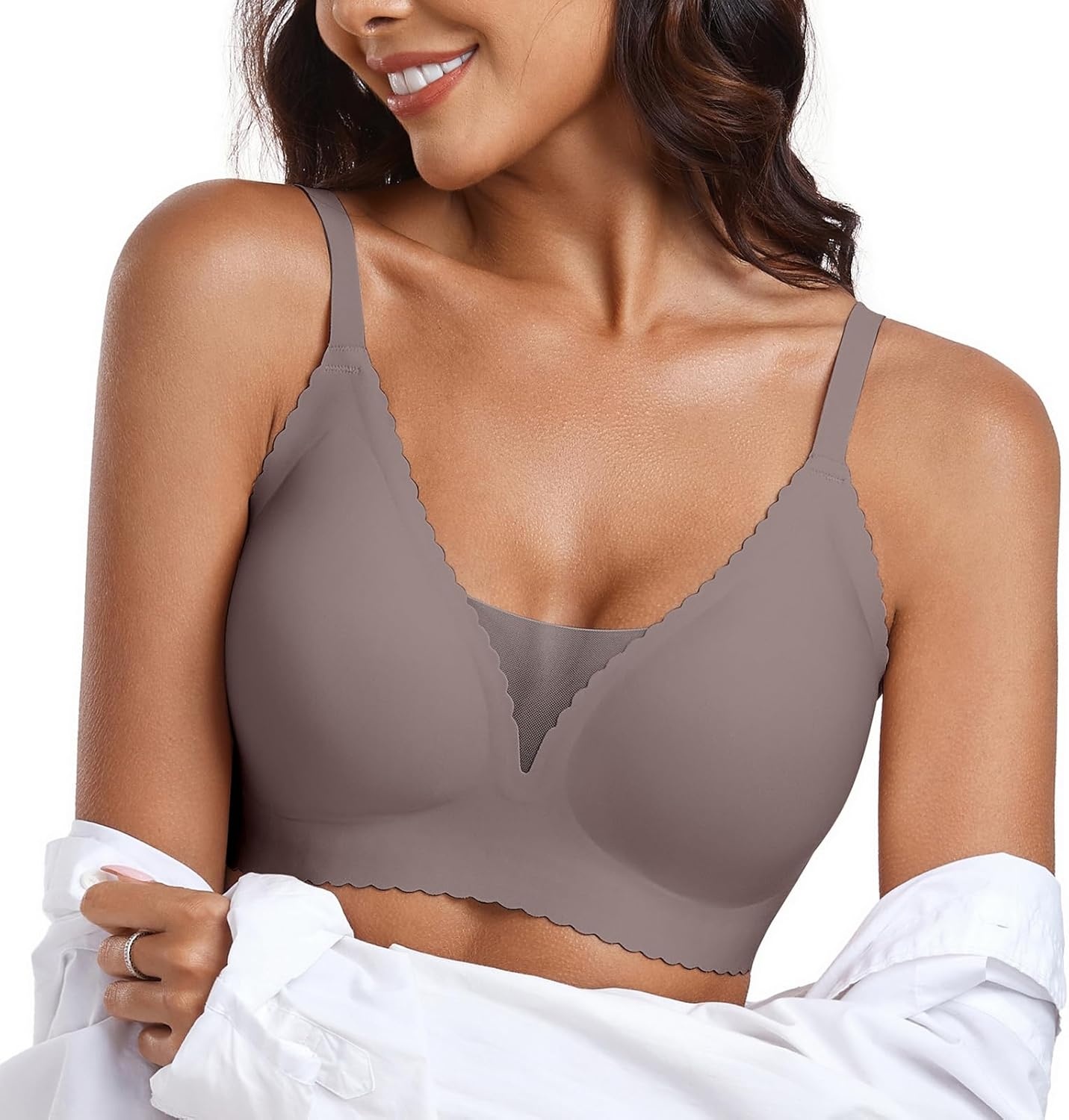 image:imageOEAK Womens Comfortable Bras Wireless Bras Push Up Bralettes Scalloped Mesh Bras Seamless Tshirts Bras Deep V Everyday BrasGrey