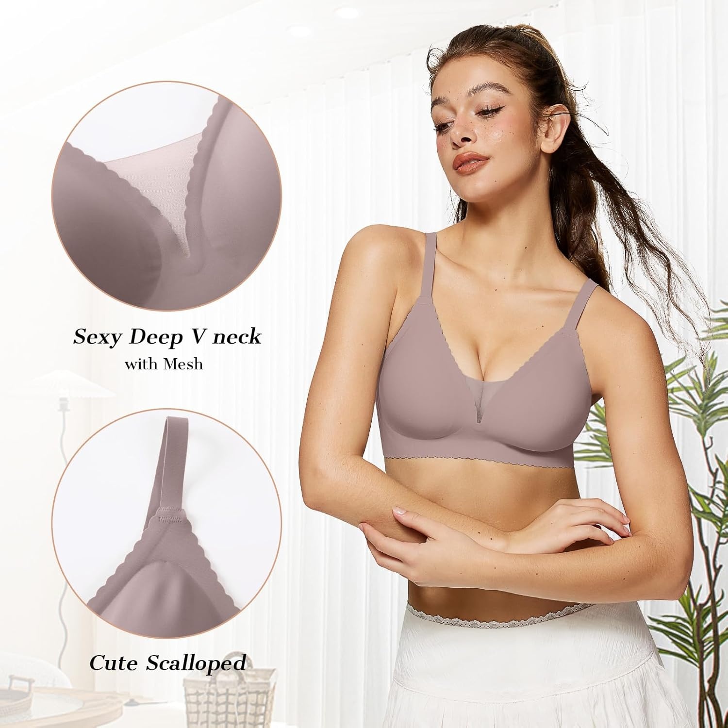 image:imageOEAK Womens Comfortable Bras Wireless Bras Push Up Bralettes Scalloped Mesh Bras Seamless Tshirts Bras Deep V Everyday BrasGrey