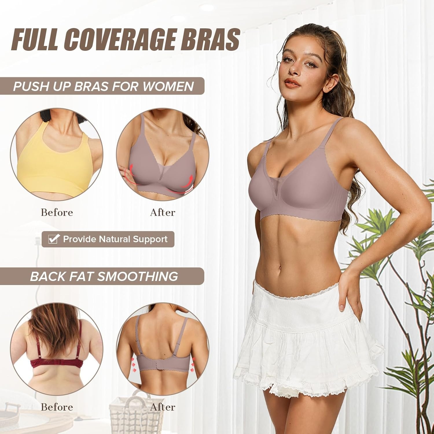 image:imageOEAK Womens Comfortable Bras Wireless Bras Push Up Bralettes Scalloped Mesh Bras Seamless Tshirts Bras Deep V Everyday BrasGrey