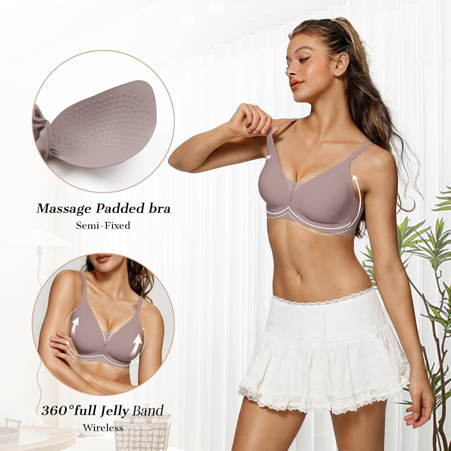 image:imageOEAK Womens Comfortable Bras Wireless Bras Push Up Bralettes Scalloped Mesh Bras Seamless Tshirts Bras Deep V Everyday BrasGrey