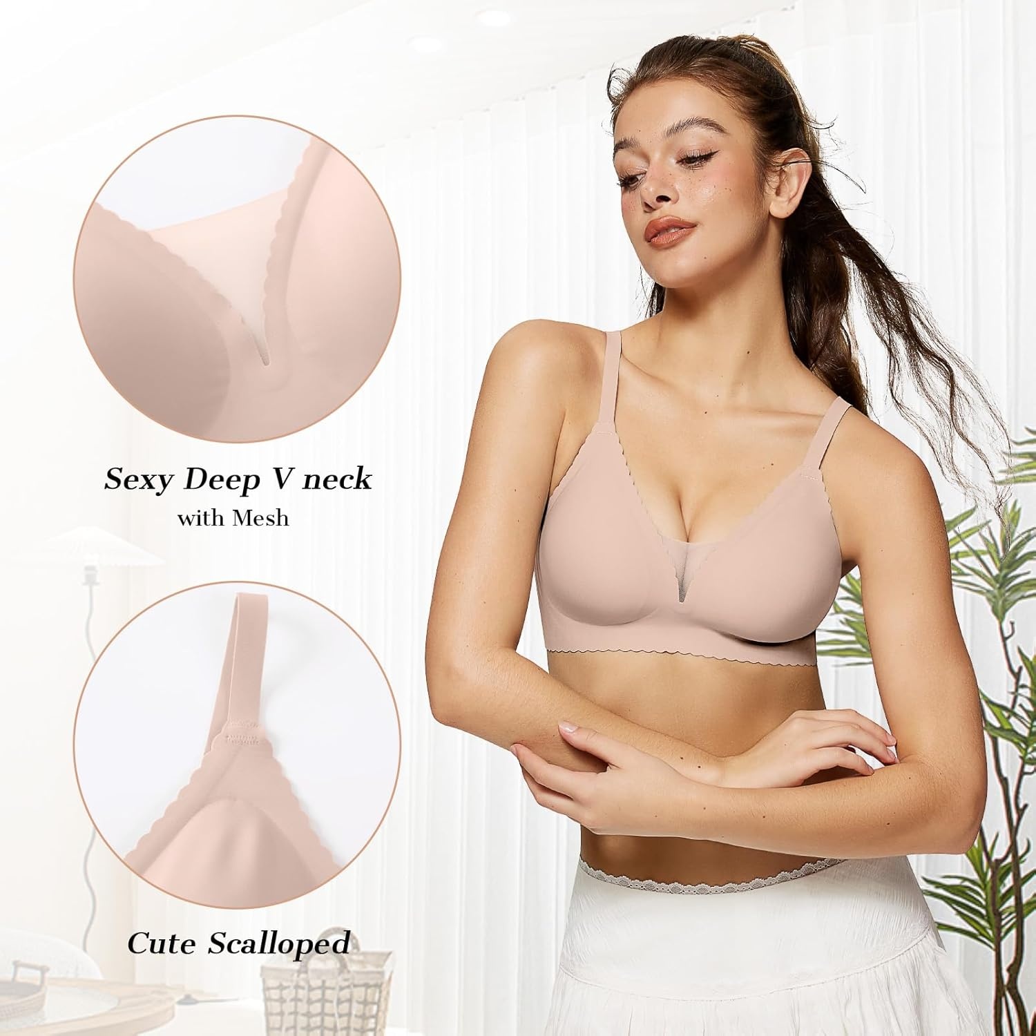 image:imageOEAK Womens Comfortable Bras Wireless Bras Push Up Bralettes Scalloped Mesh Bras Seamless Tshirts Bras Deep V Everyday BrasNude